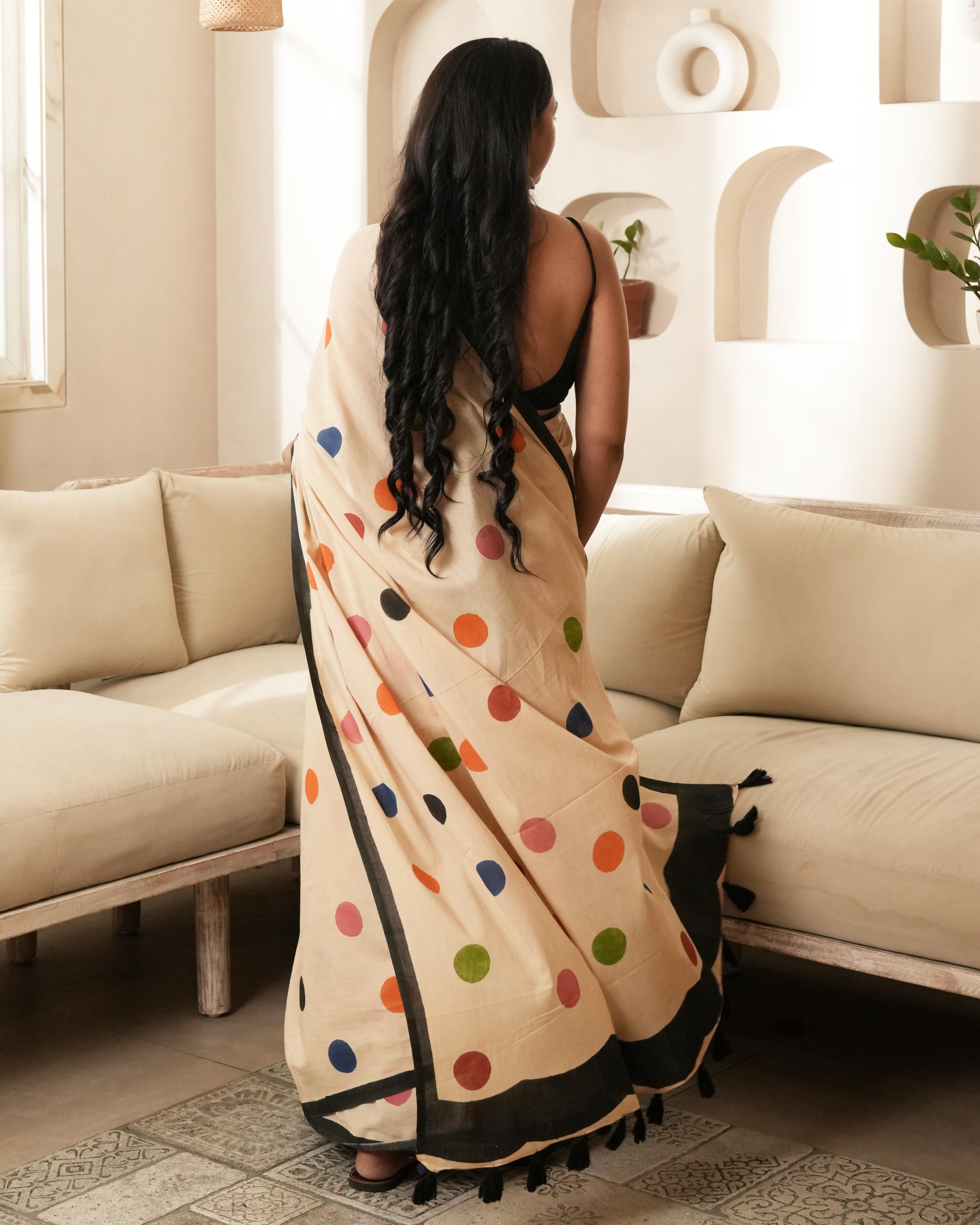 Tan Multi-Color Polka Dot Mul Saree with Tassels