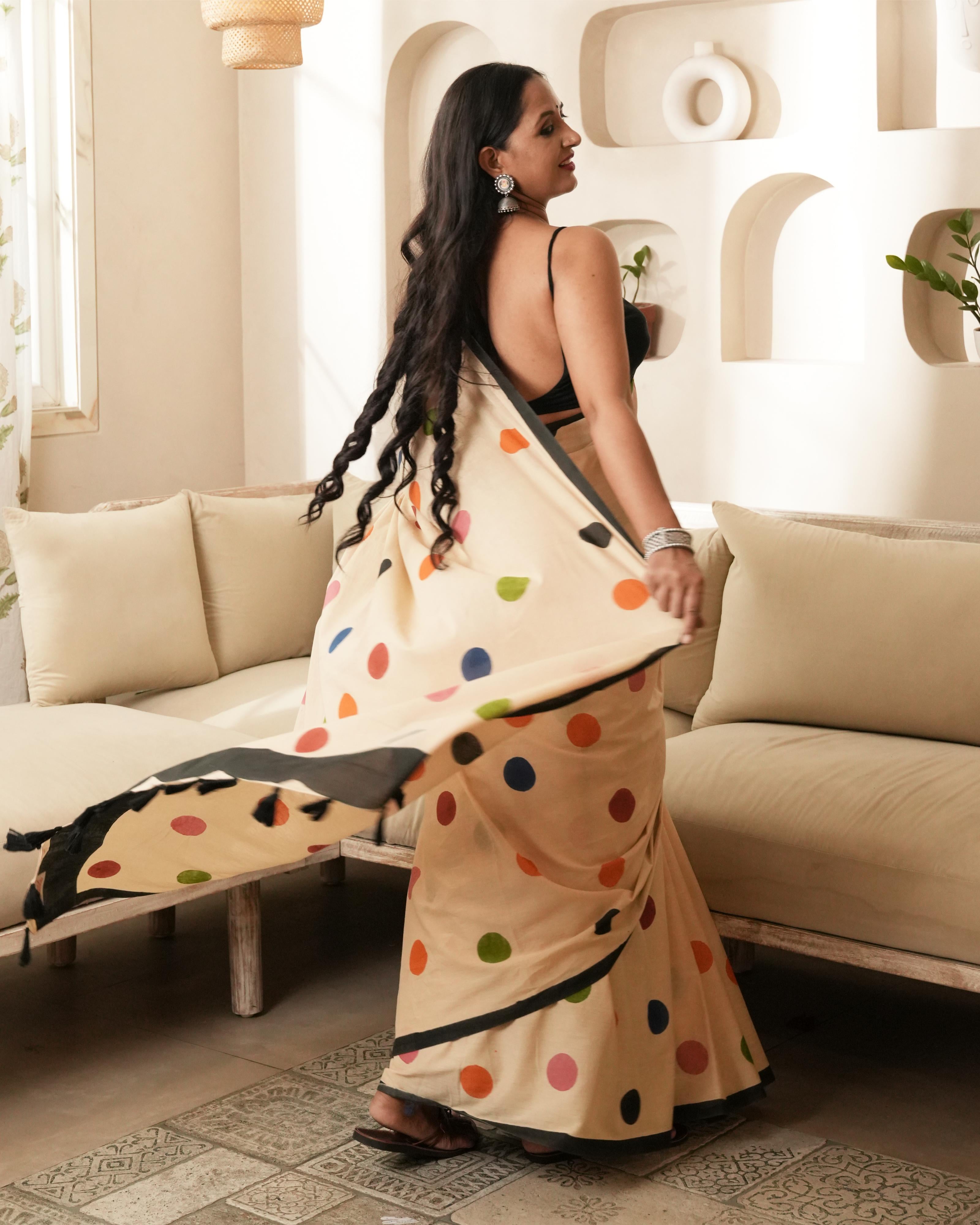 Tan Multi-Color Polka Dot Mul Saree with Tassels