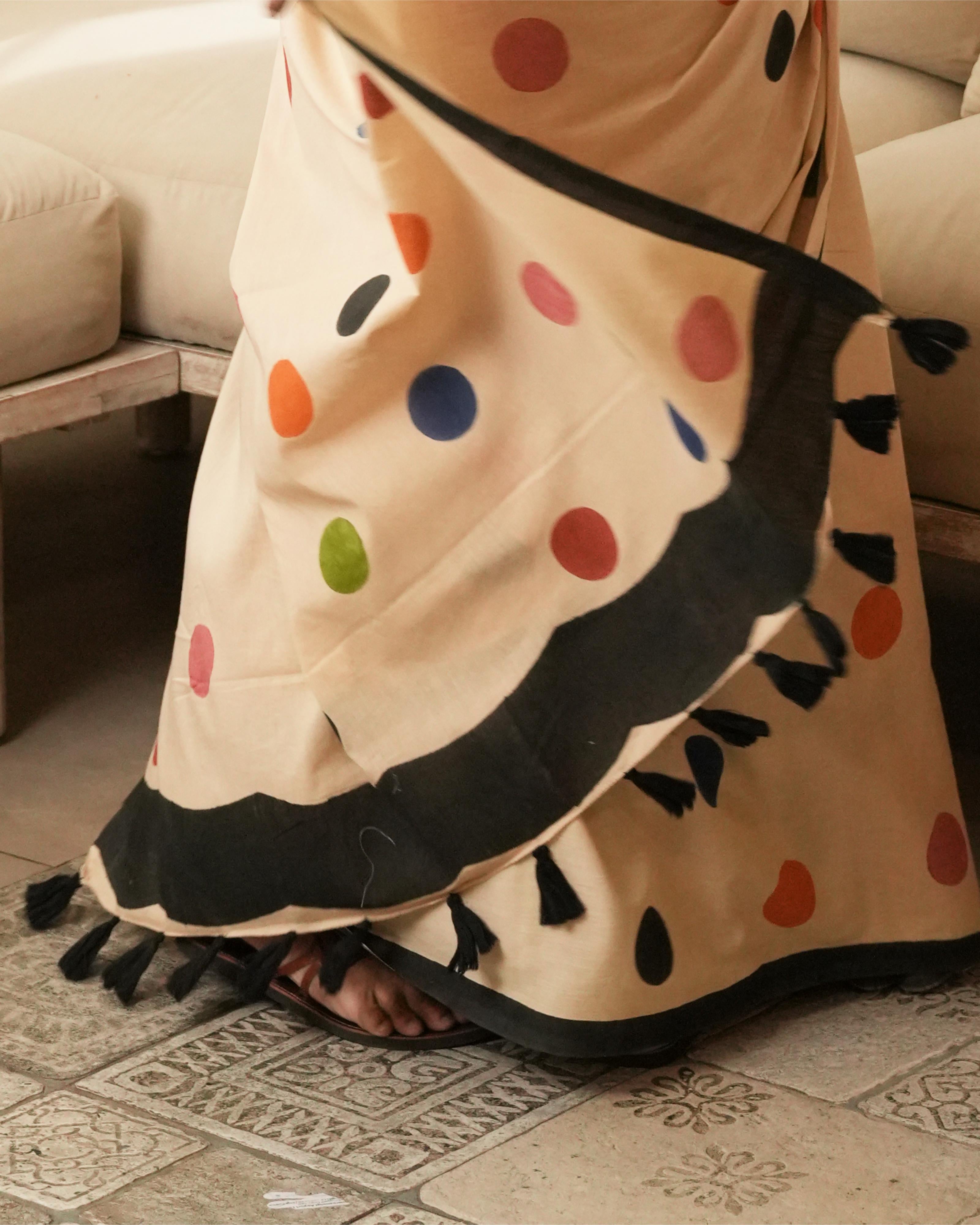 Tan Multi-Color Polka Dot Mul Saree with Tassels