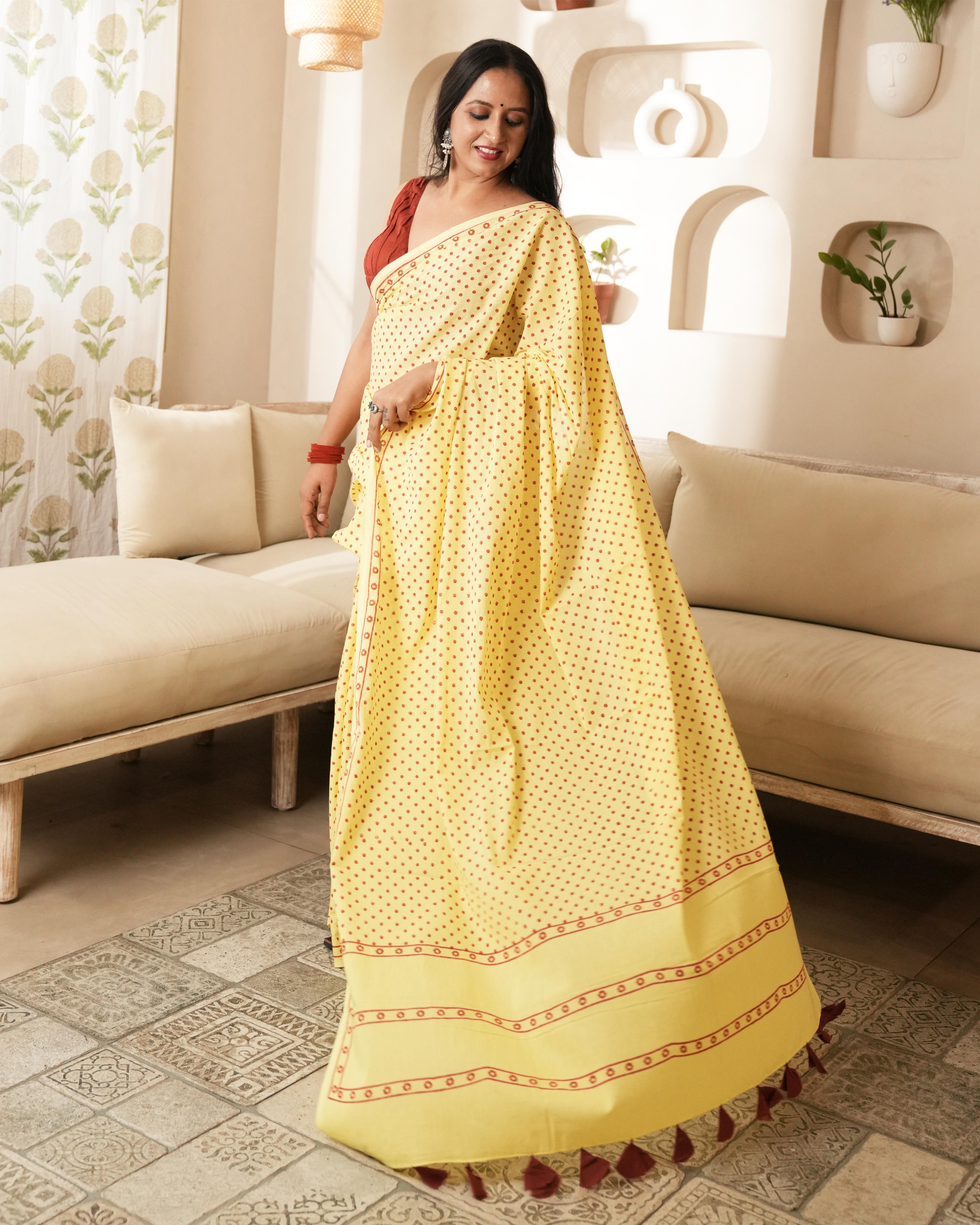 Yellow & Red Mini Polka Dot Printed Mul Saree with Tassels