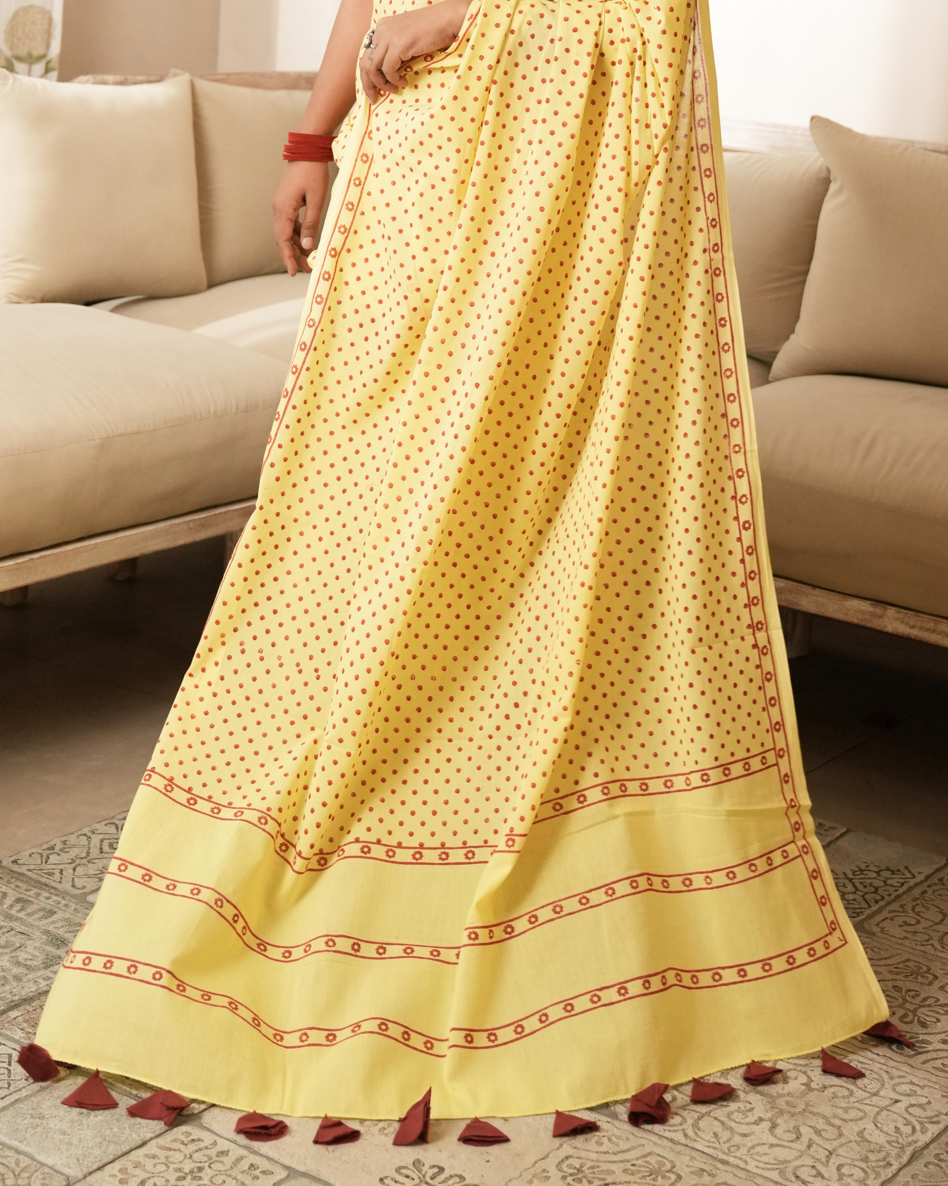 Yellow & Red Mini Polka Dot Printed Mul Saree with Tassels