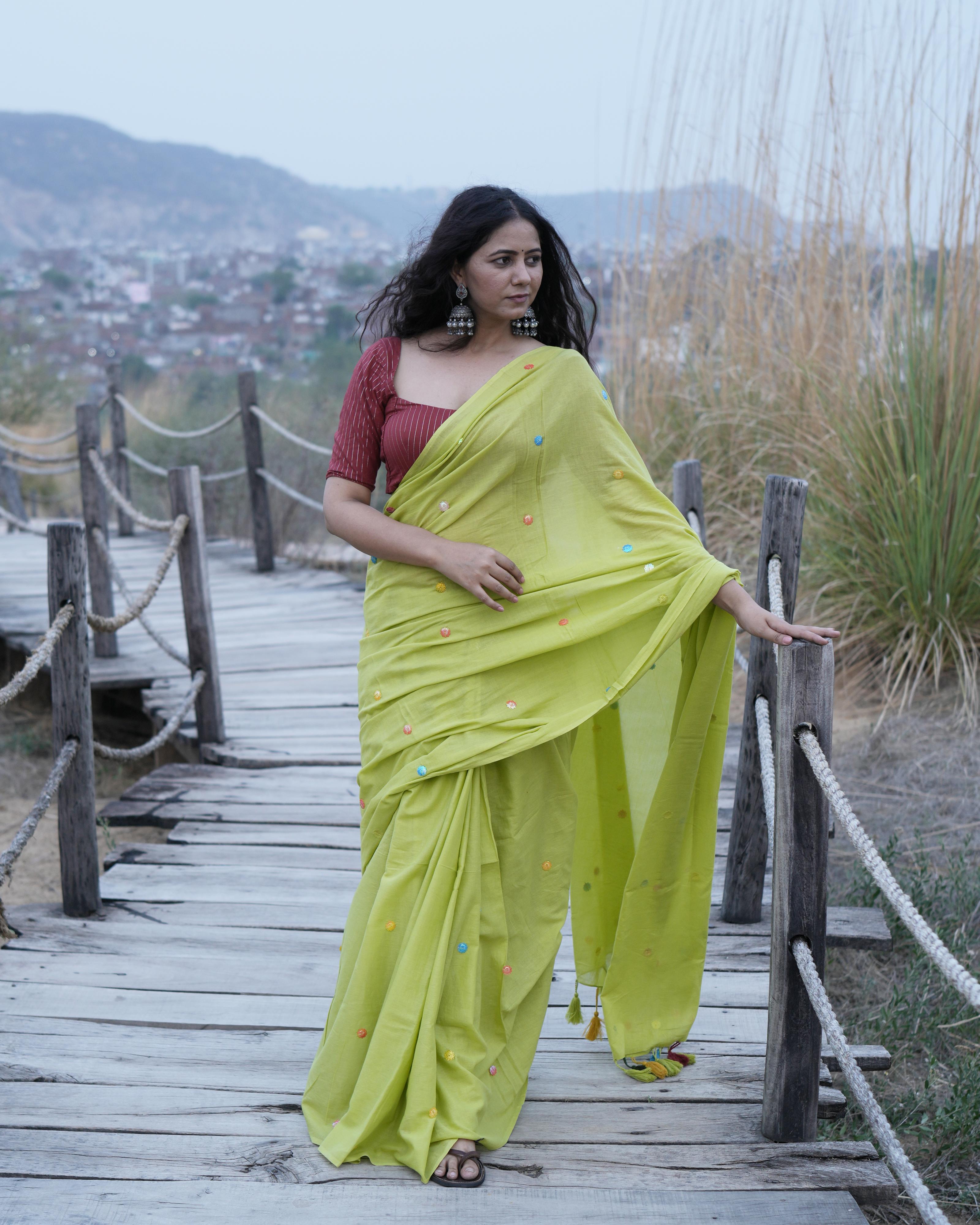 Lime Green Sitara Handwork Mul Saree with Tassels