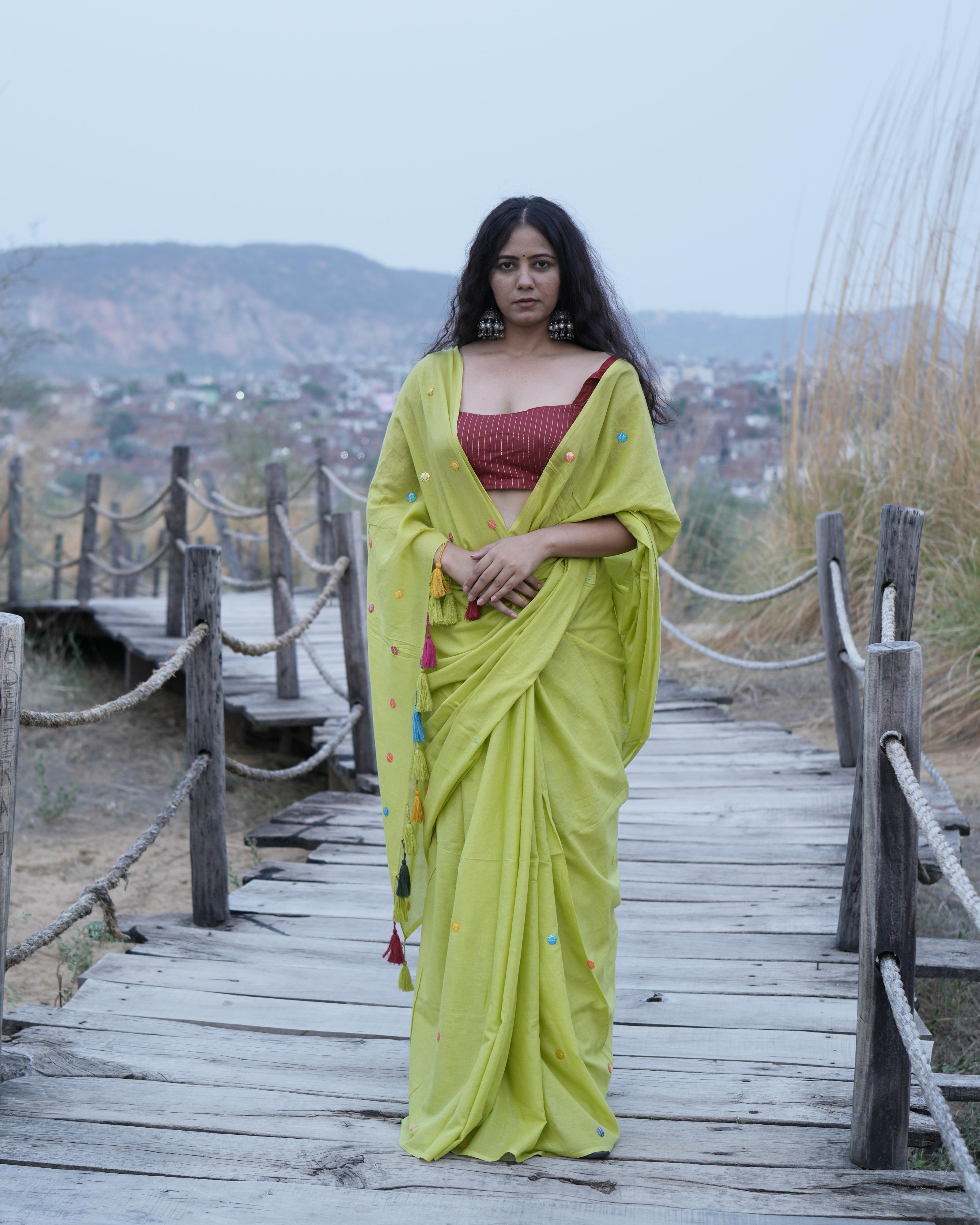 Lime Green Sitara Handwork Mul Saree with Tassels