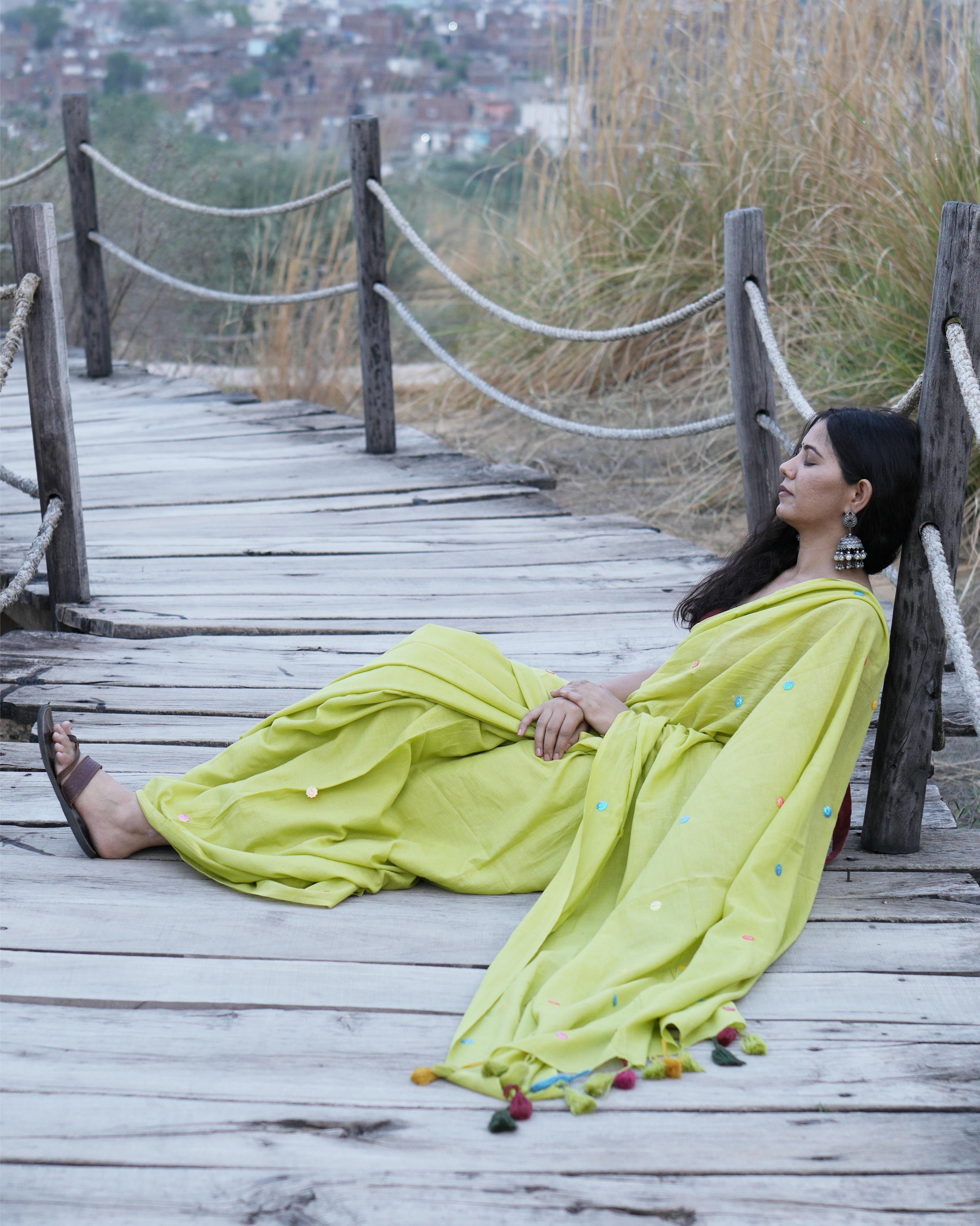 Lime Green Sitara Handwork Mul Saree with Tassels