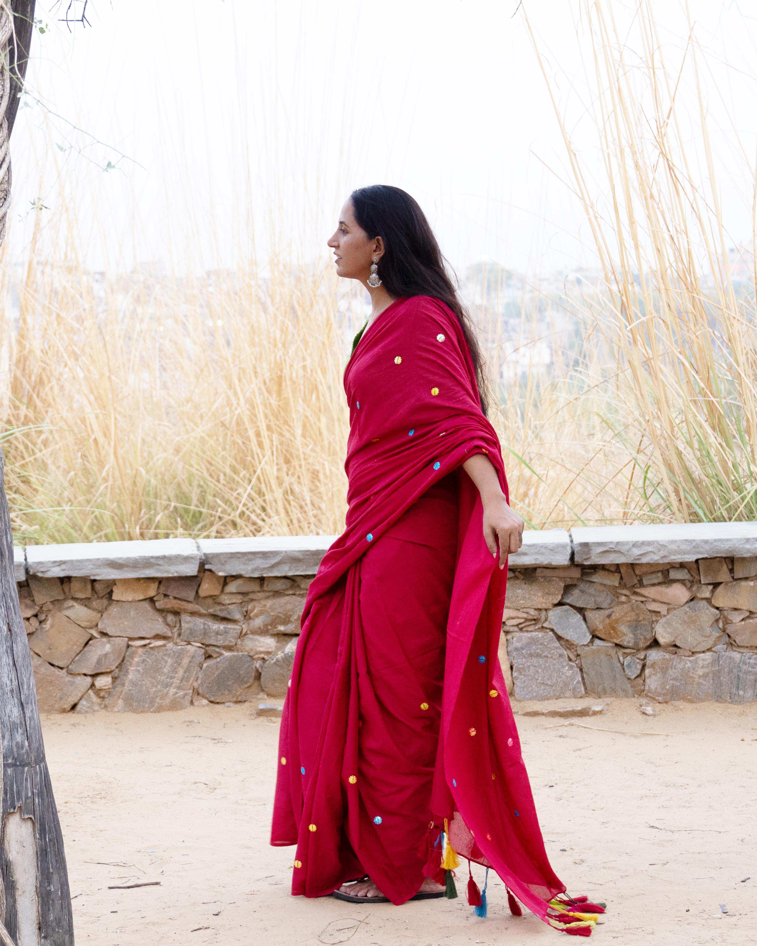 Magenta Sitara Handwork Mul Saree with Tassels