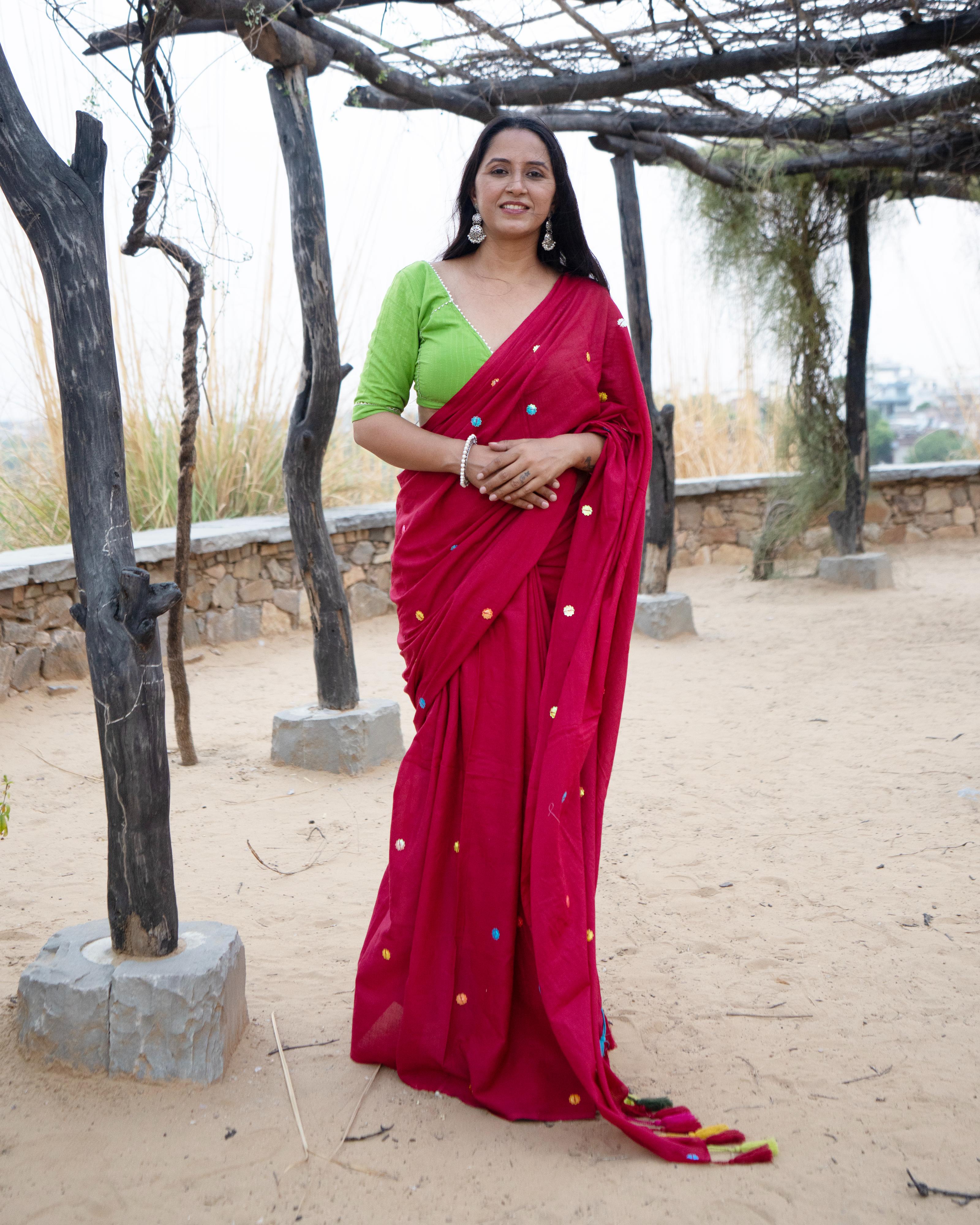 Magenta Sitara Handwork Mul Saree with Tassels