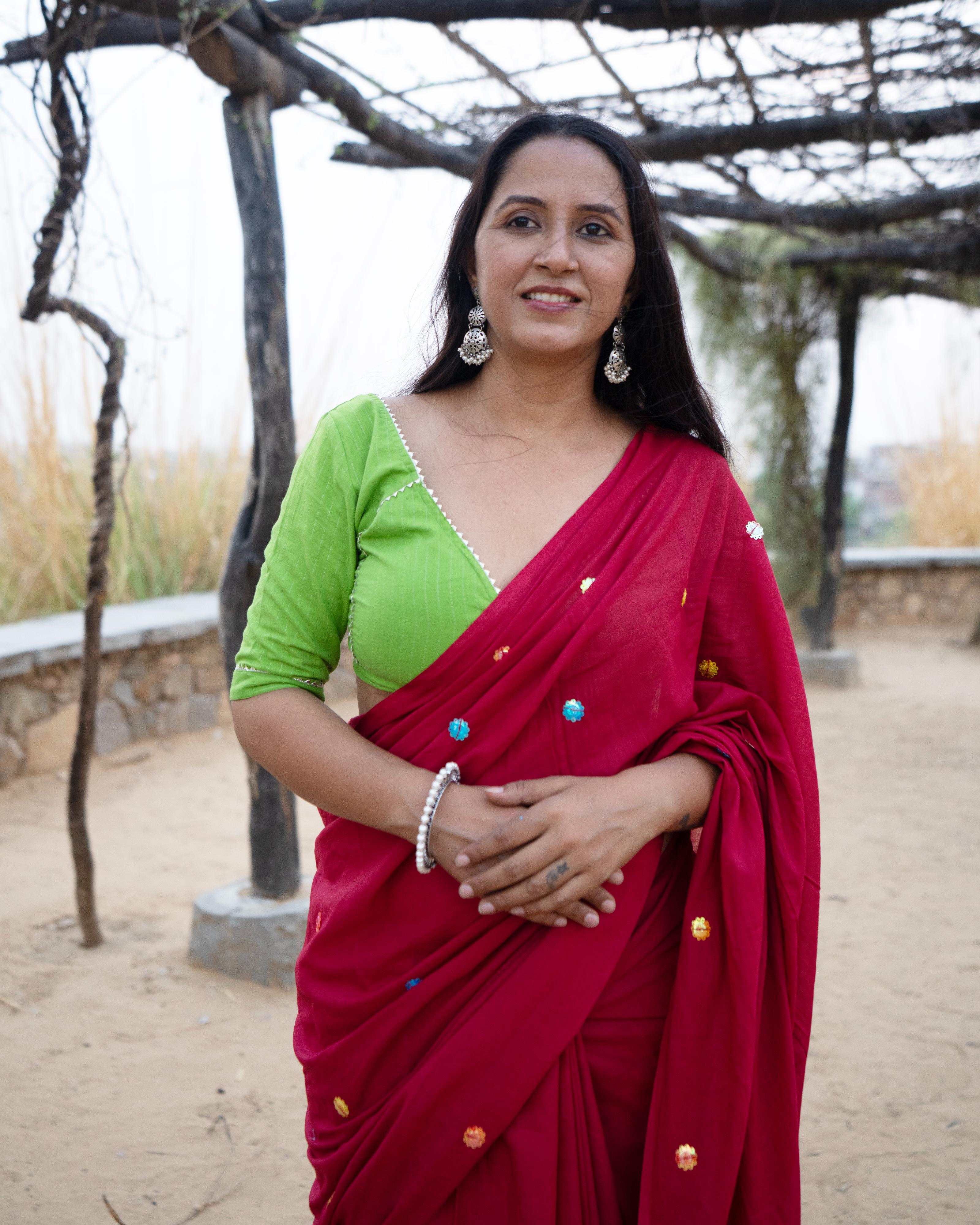 Magenta Sitara Handwork Mul Saree with Tassels