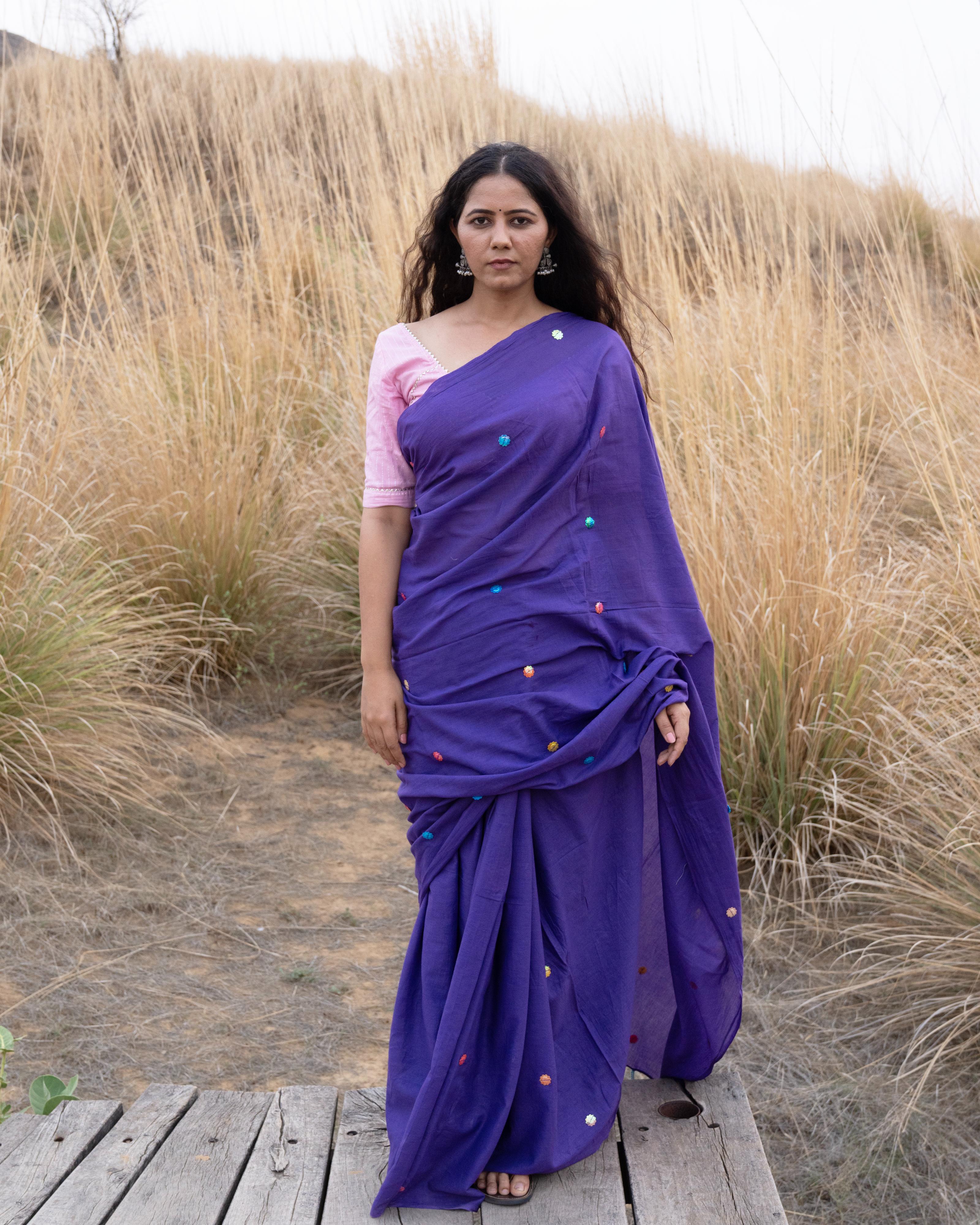 Violet Sitara Handwork Mul Saree with Tassels