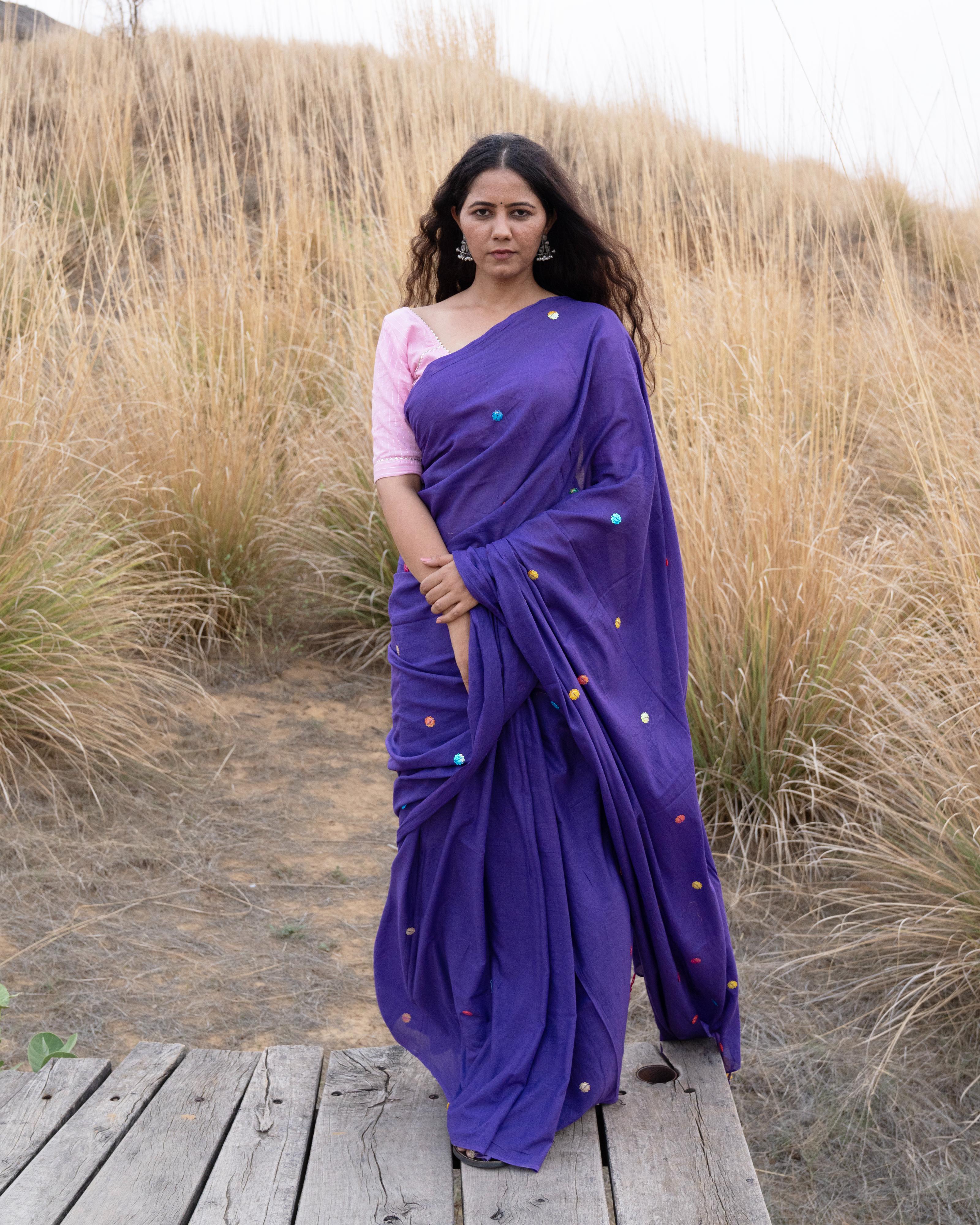 Violet Sitara Handwork Mul Saree with Tassels