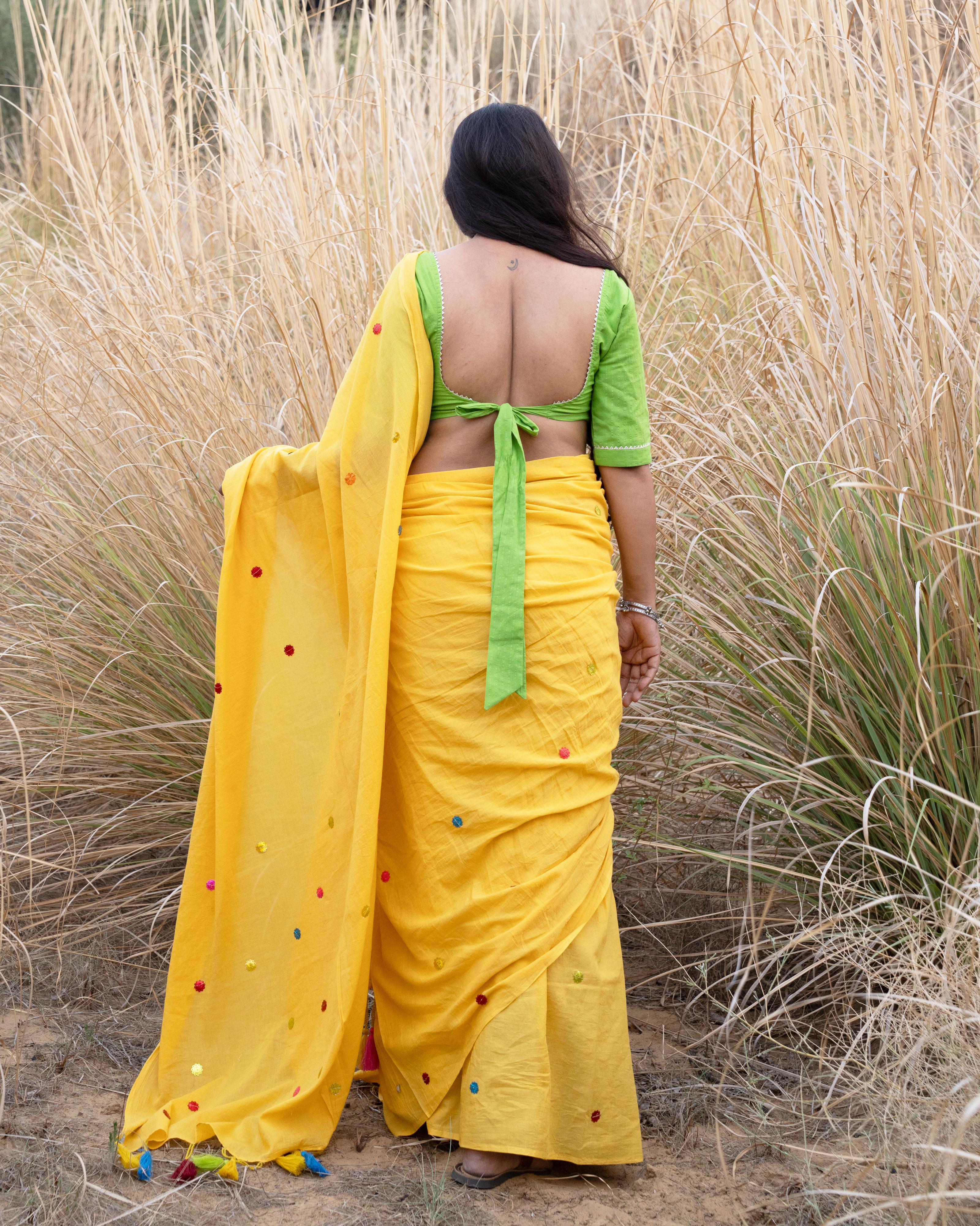 Yellow Sitara Handwork Mul Saree with Tassels