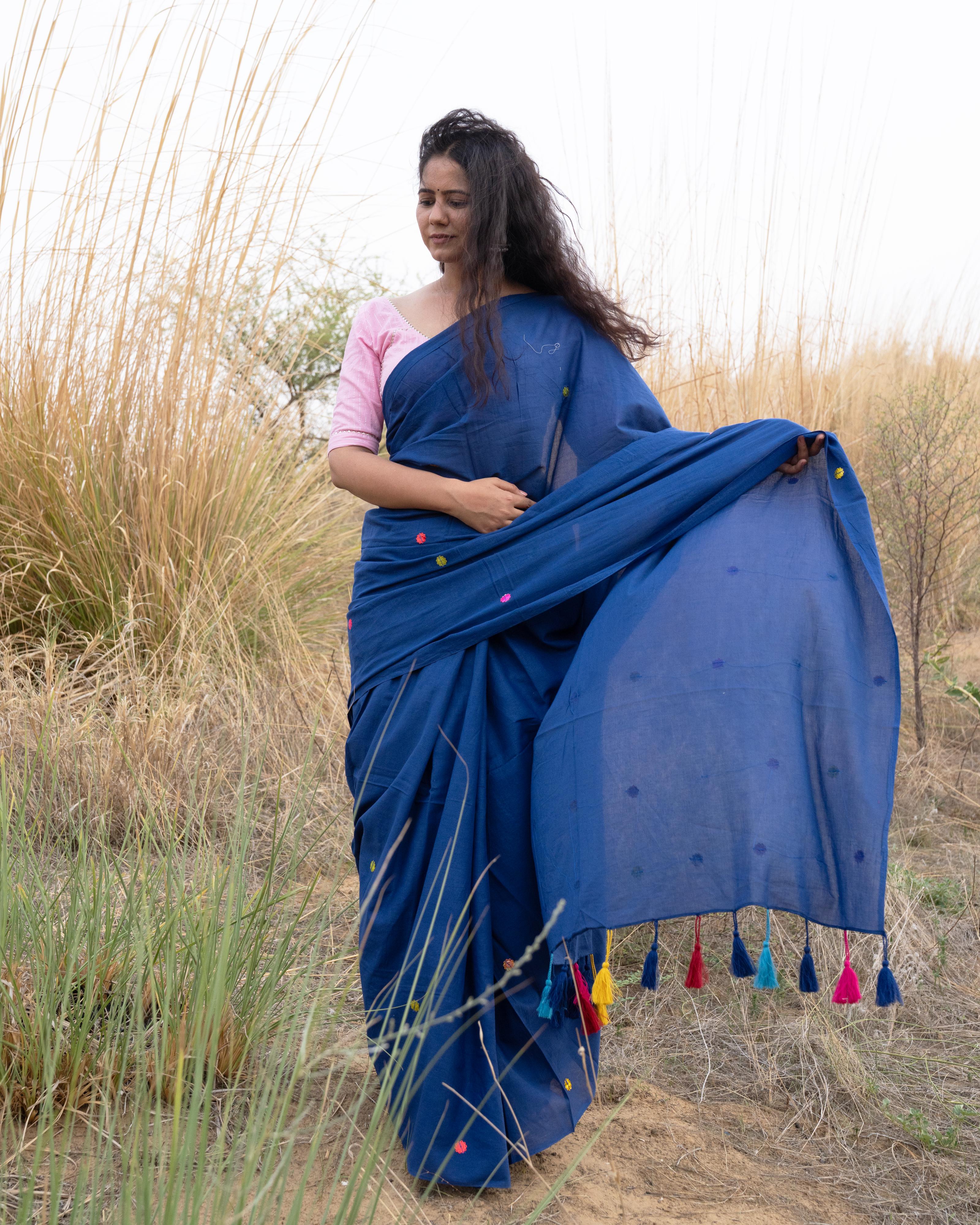 Royal Blue Sitara Handwork Mul Saree with Tassels