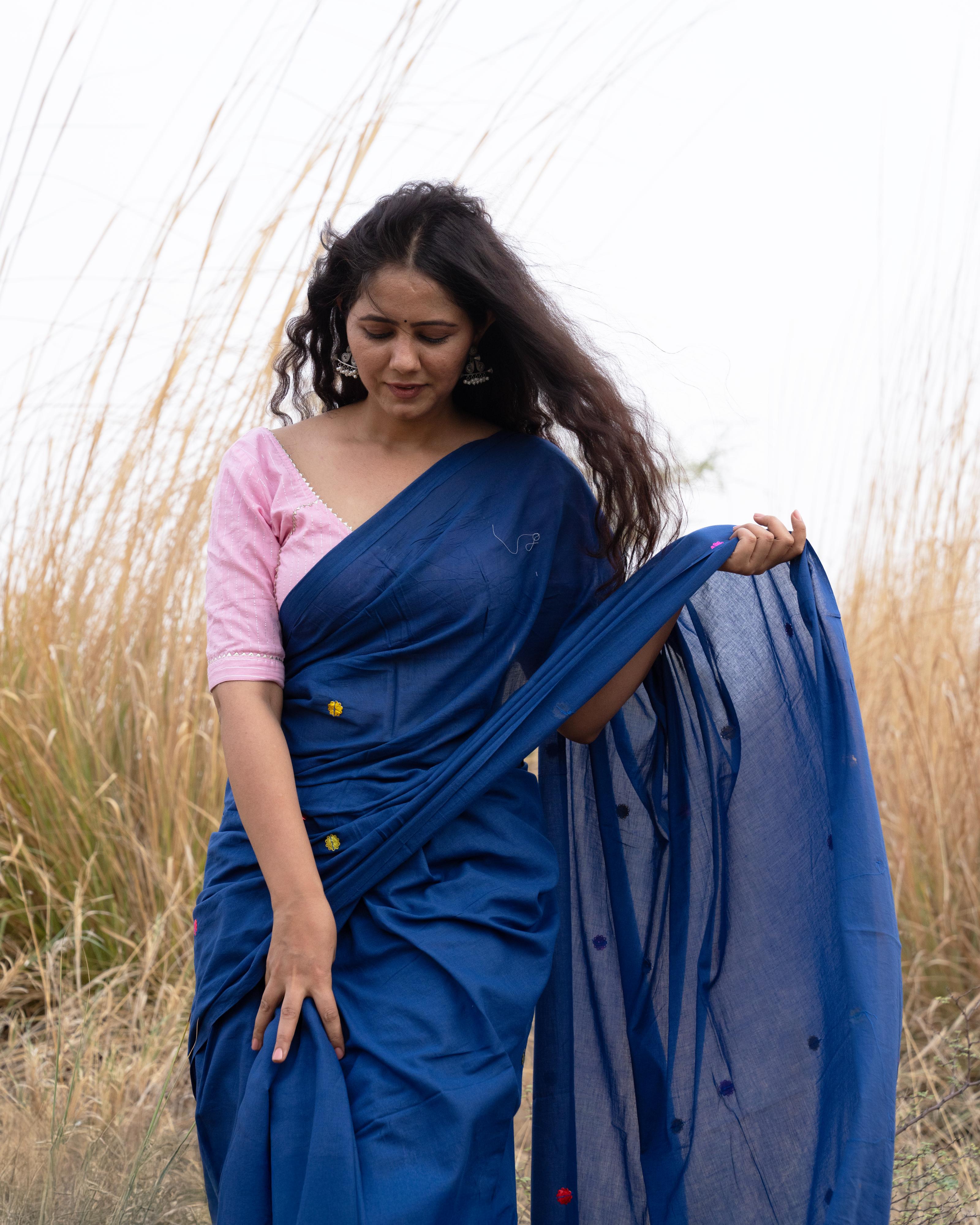 Royal Blue Sitara Handwork Mul Saree with Tassels