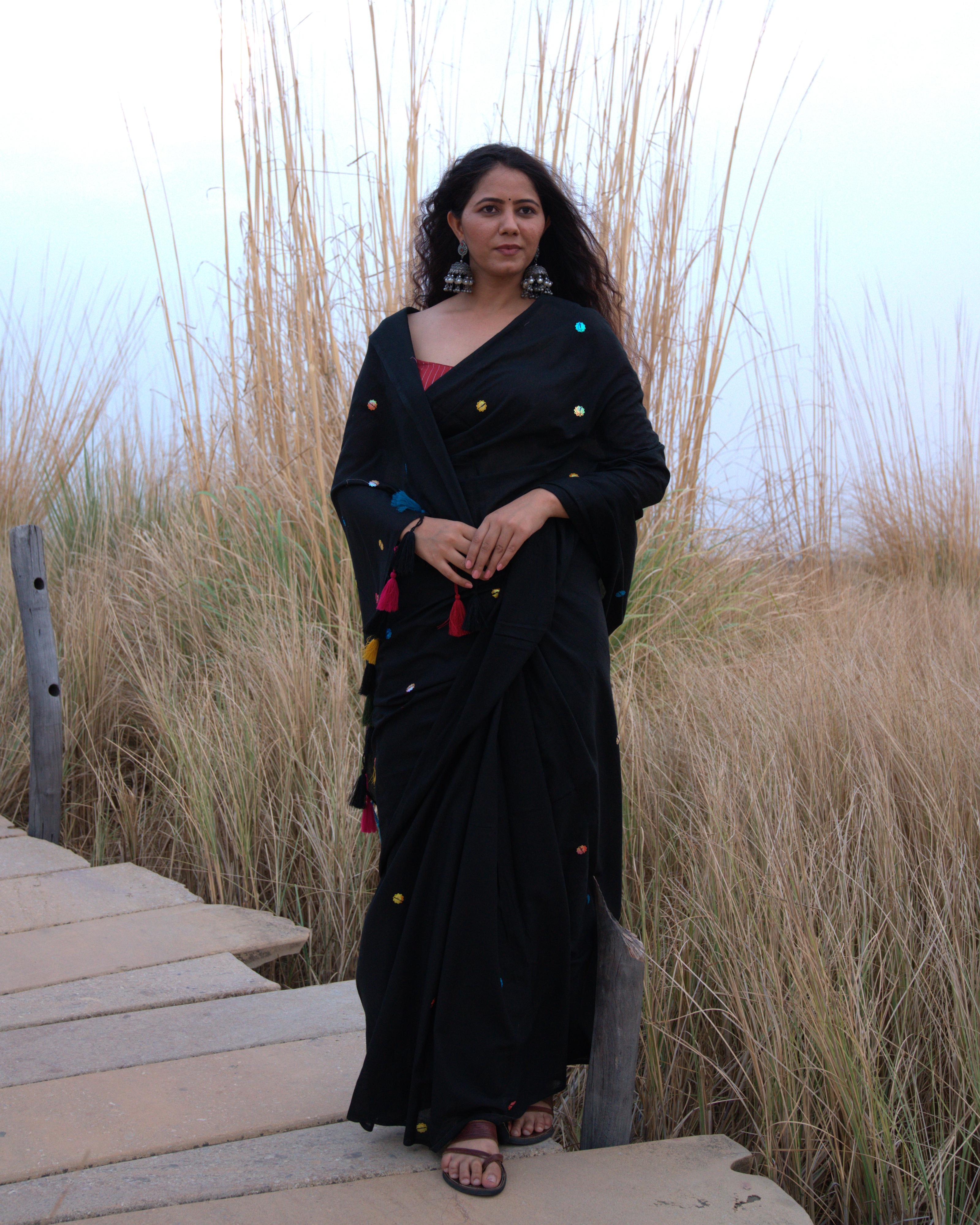 Black Sitara Handwork Mul Saree with Tassels