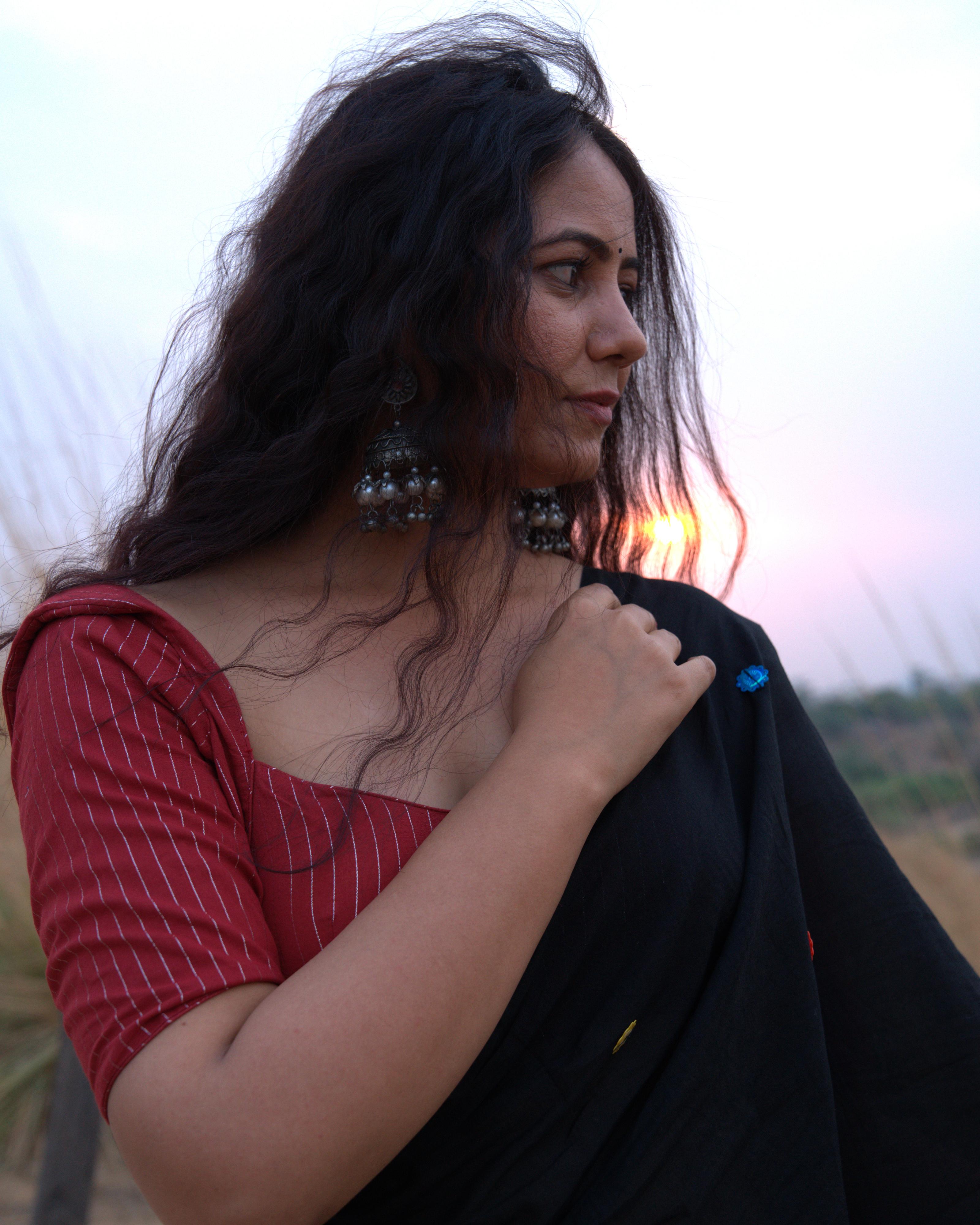 Black Sitara Handwork Mul Saree with Tassels