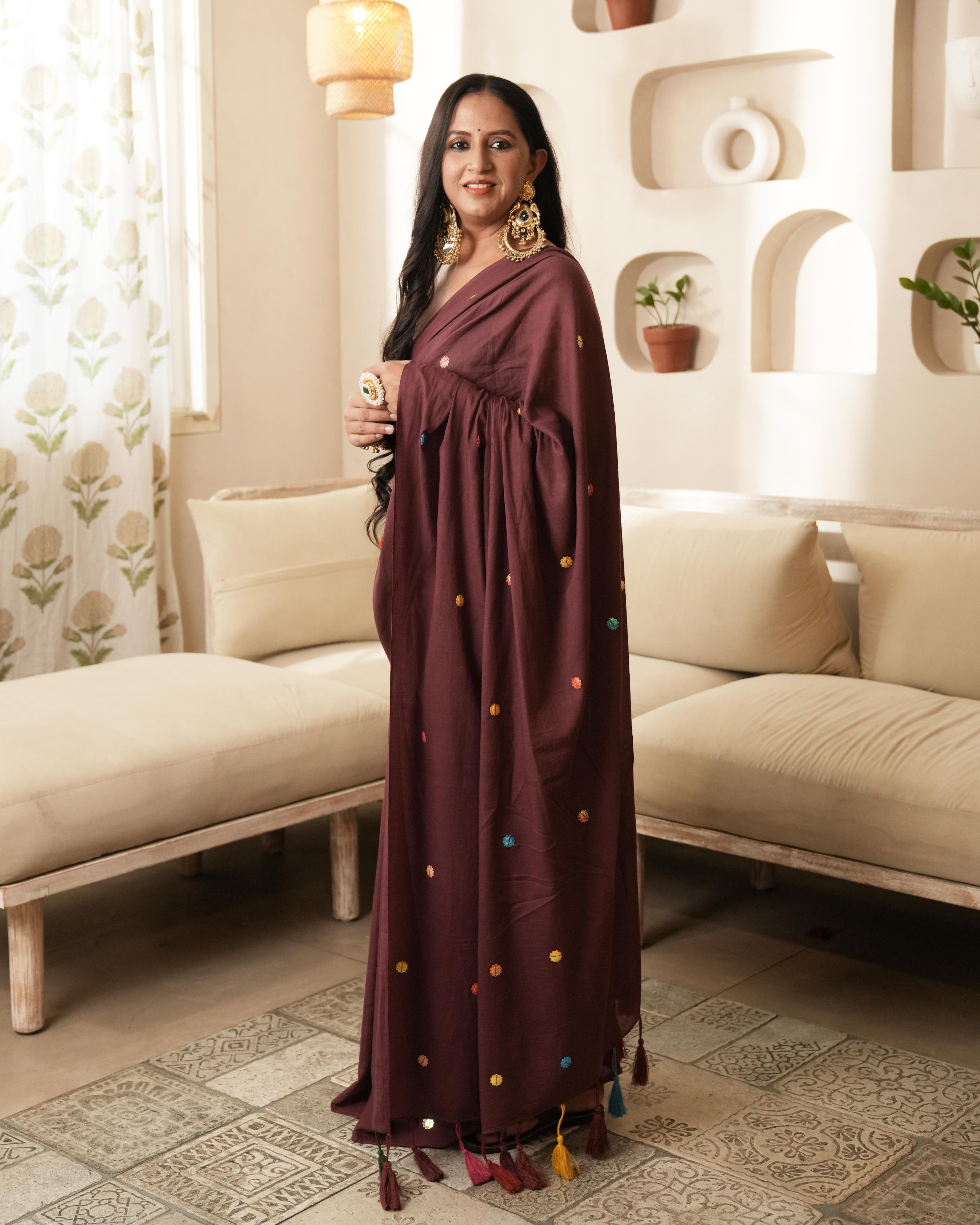 Maroon Sitara Work Mul Saree with Tassels