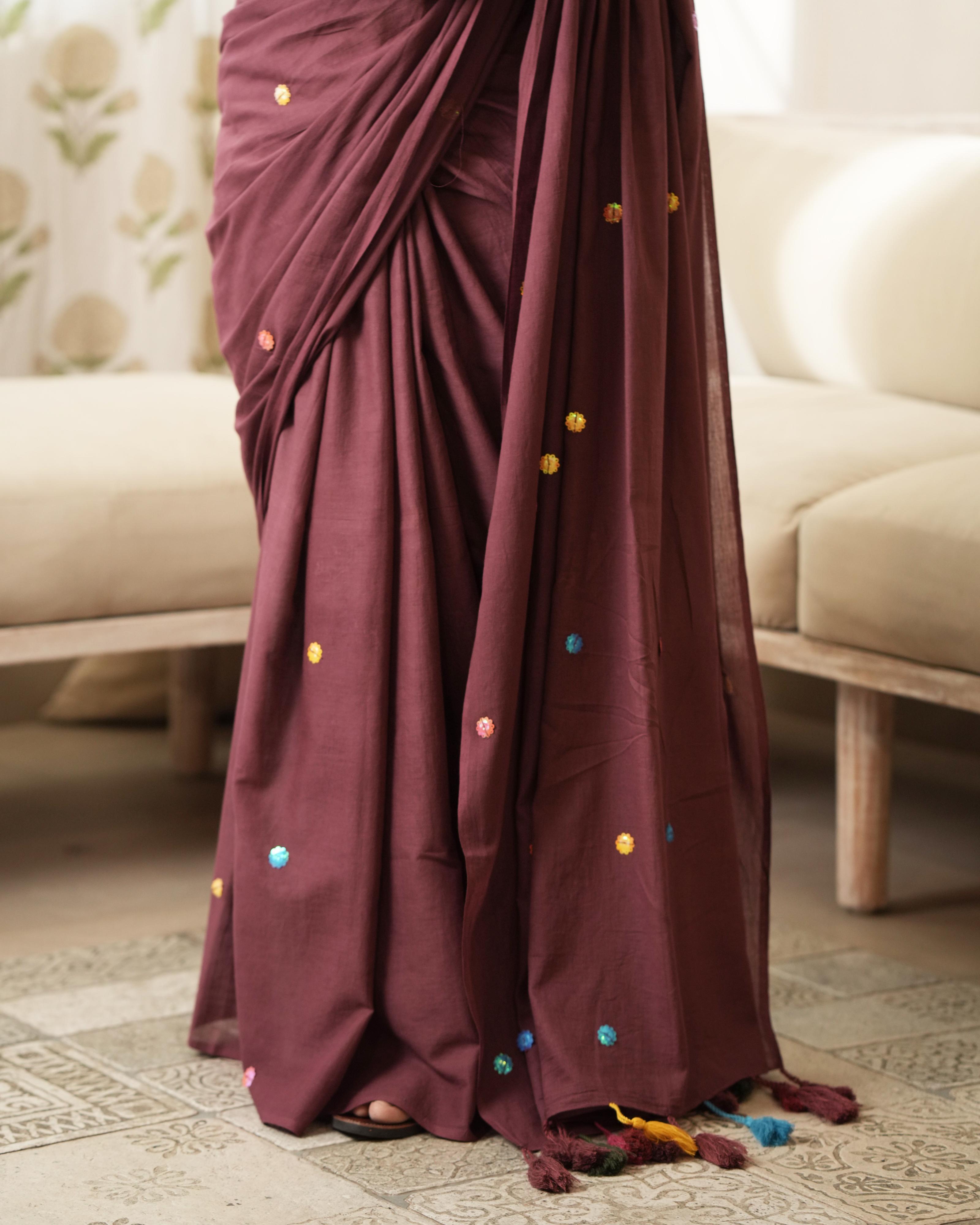 Maroon Sitara Work Mul Saree with Tassels
