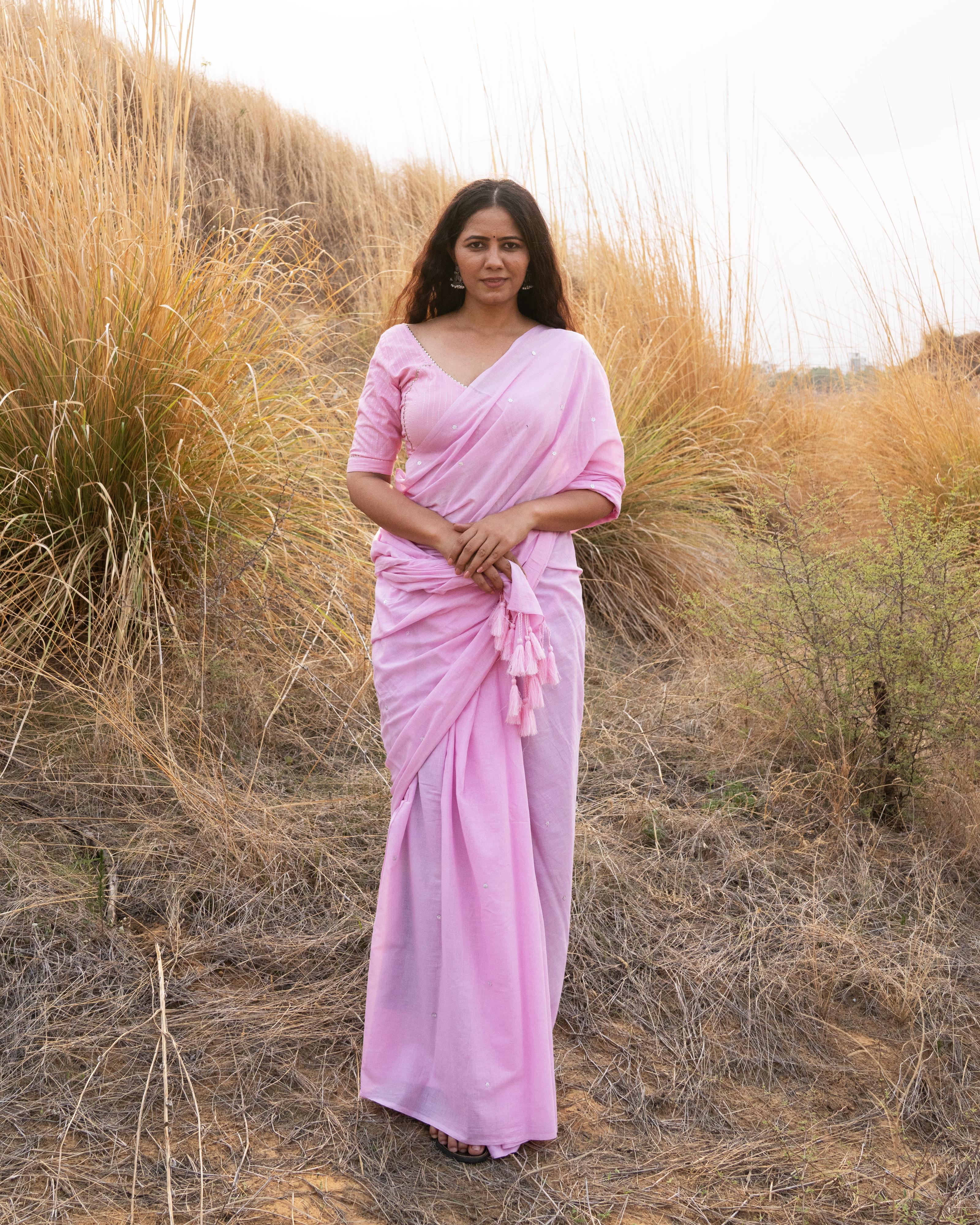 Pink Sequence Handwork Mul Saree with Tassels
