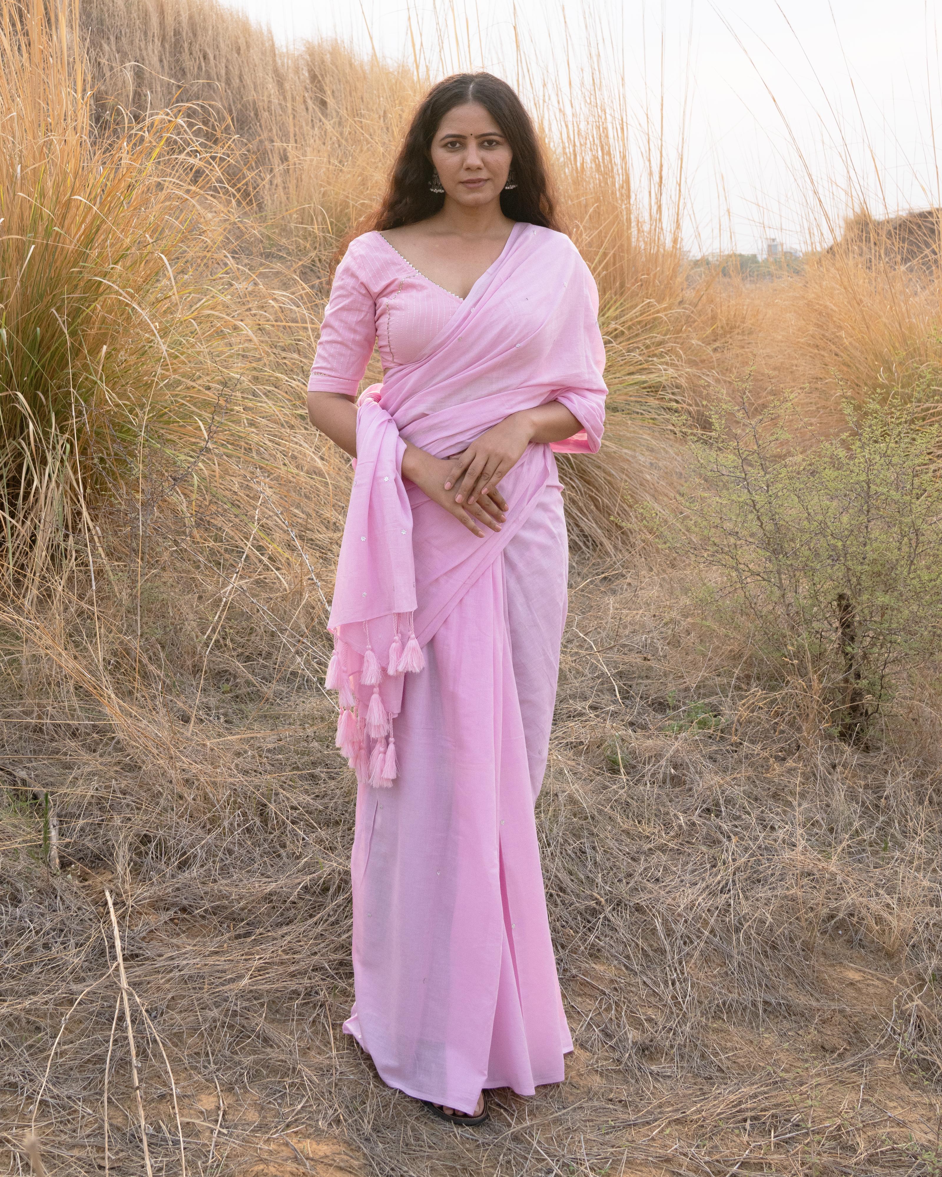 Pink Sequence Handwork Mul Saree with Tassels