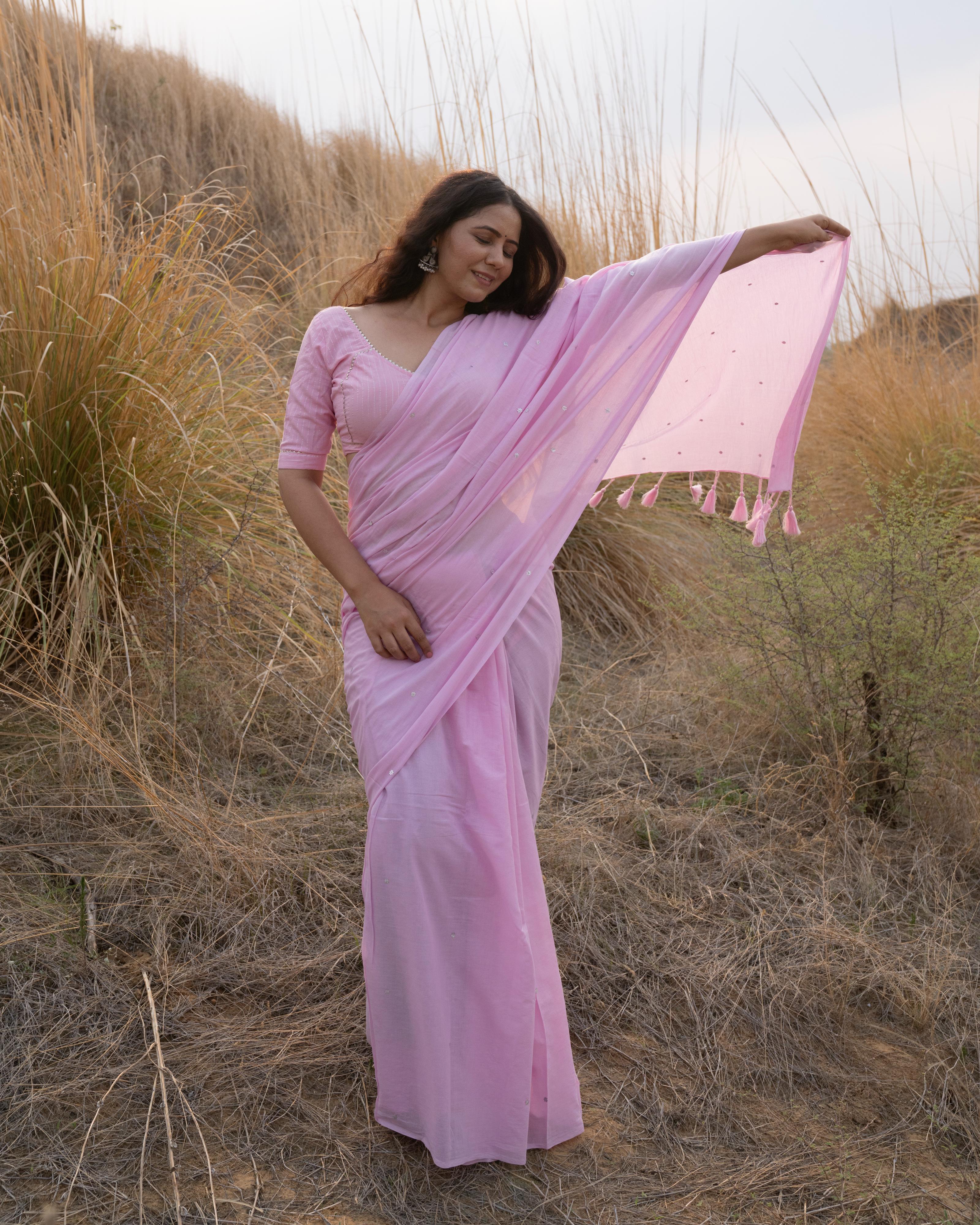 Pink Sequence Handwork Mul Saree with Tassels