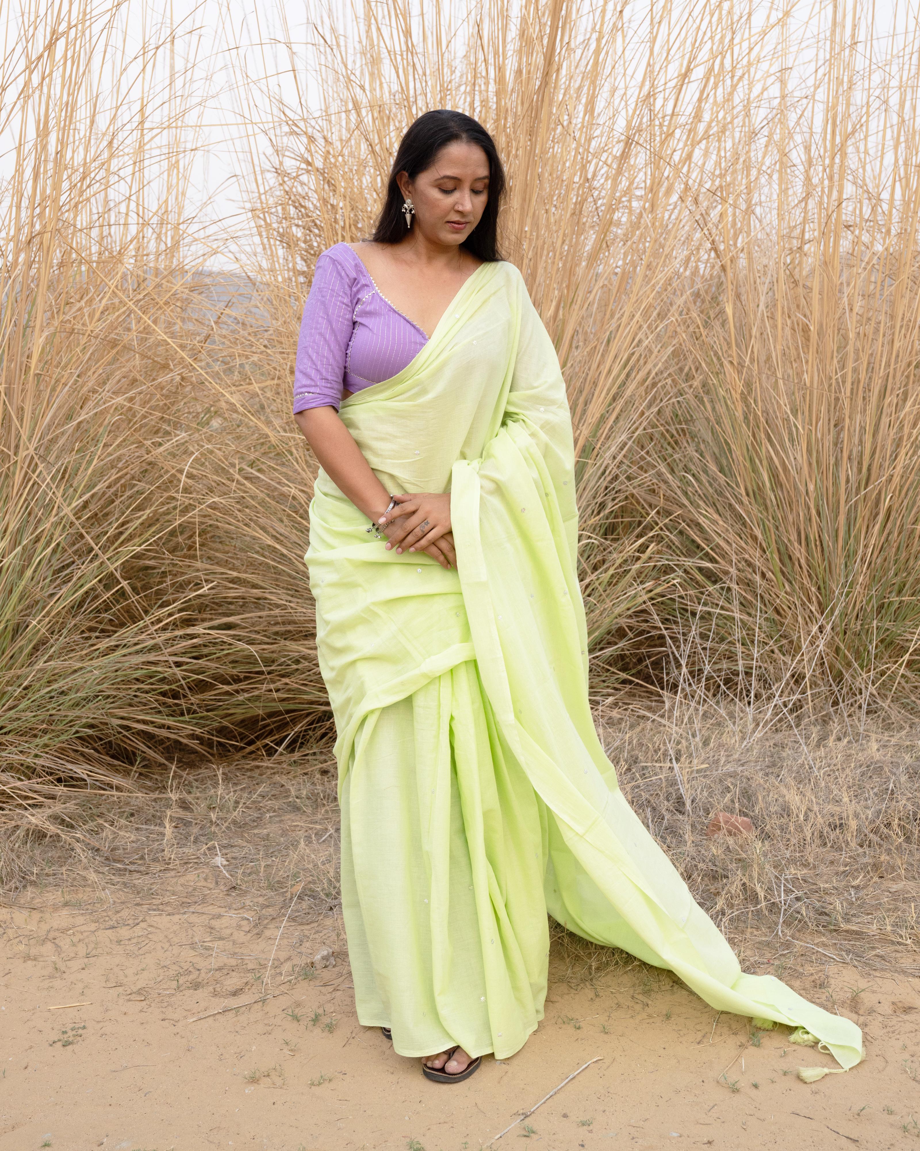 Pista Green Sequence Handwork Mul Saree with Tassels