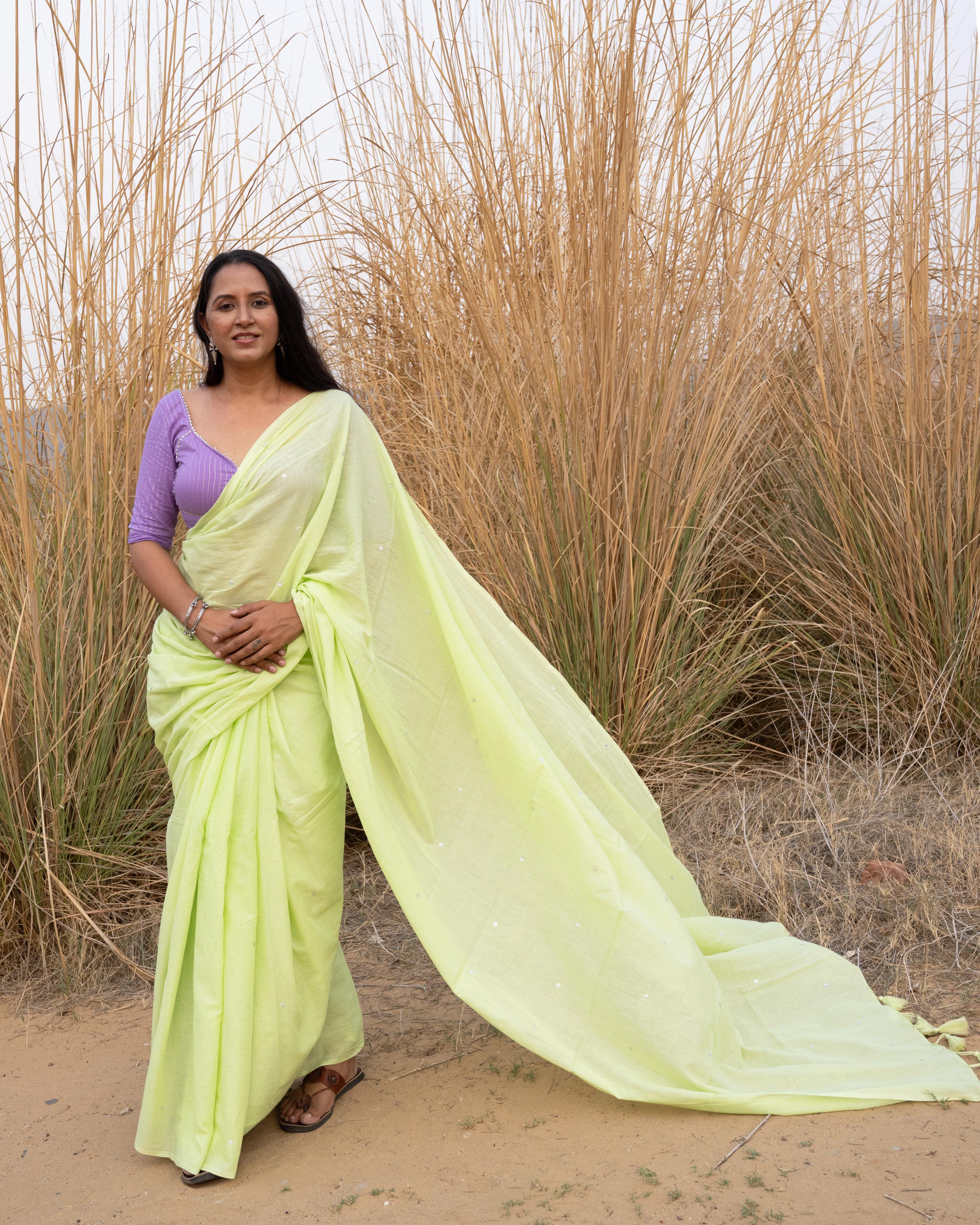 Pista Green Sequence Handwork Mul Saree with Tassels