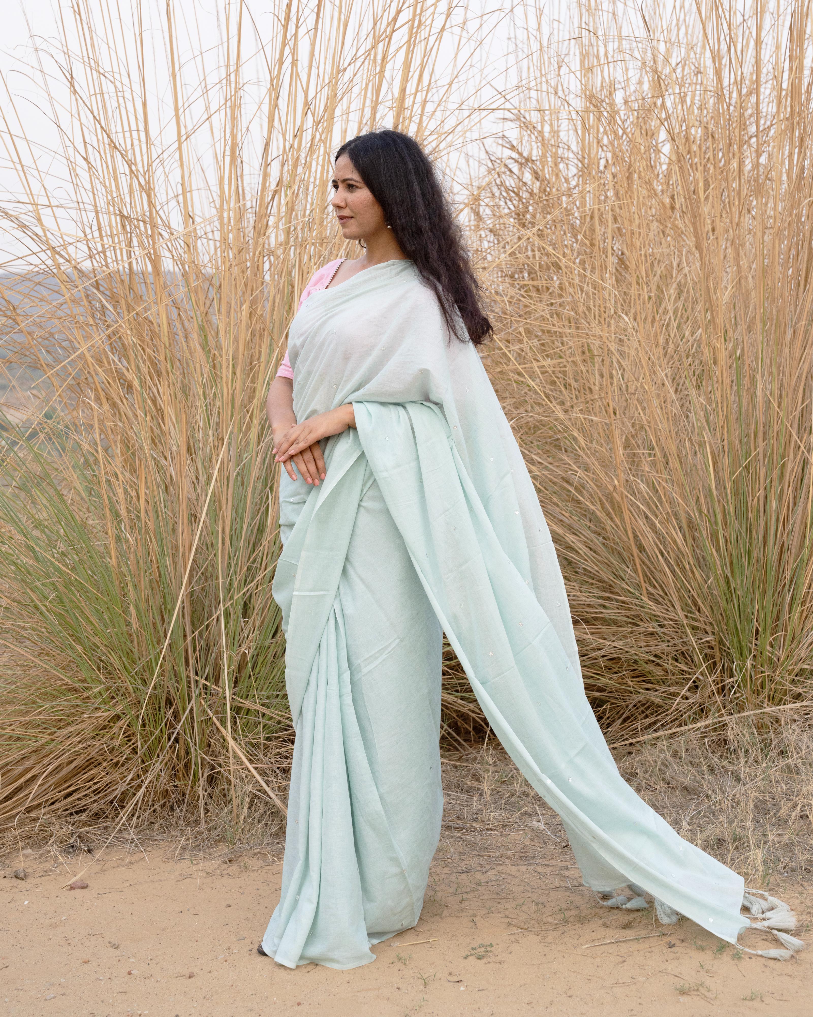 Soft Grey Sequin Work Mul Saree with Tassels