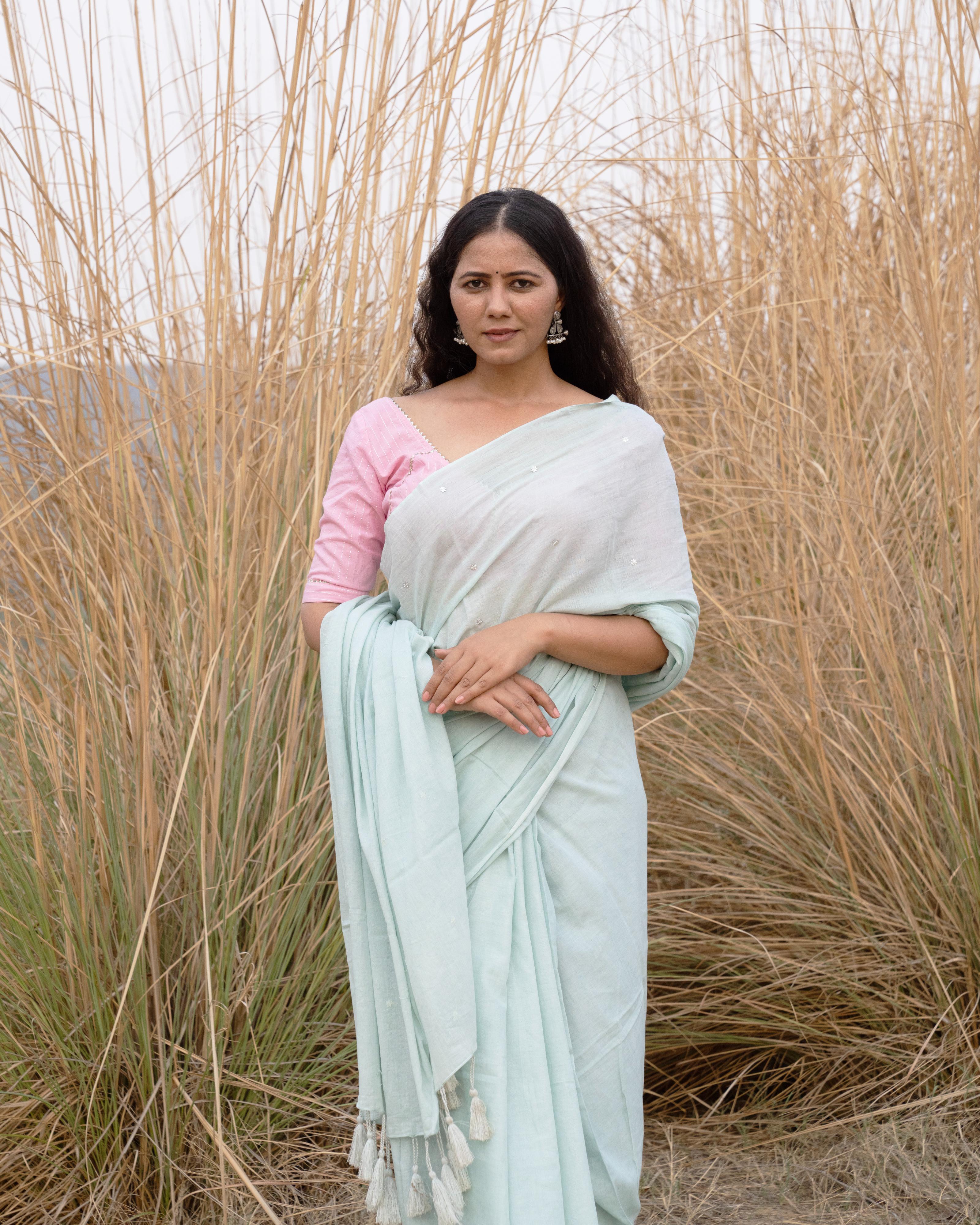 Soft Grey Sequin Work Mul Saree with Tassels