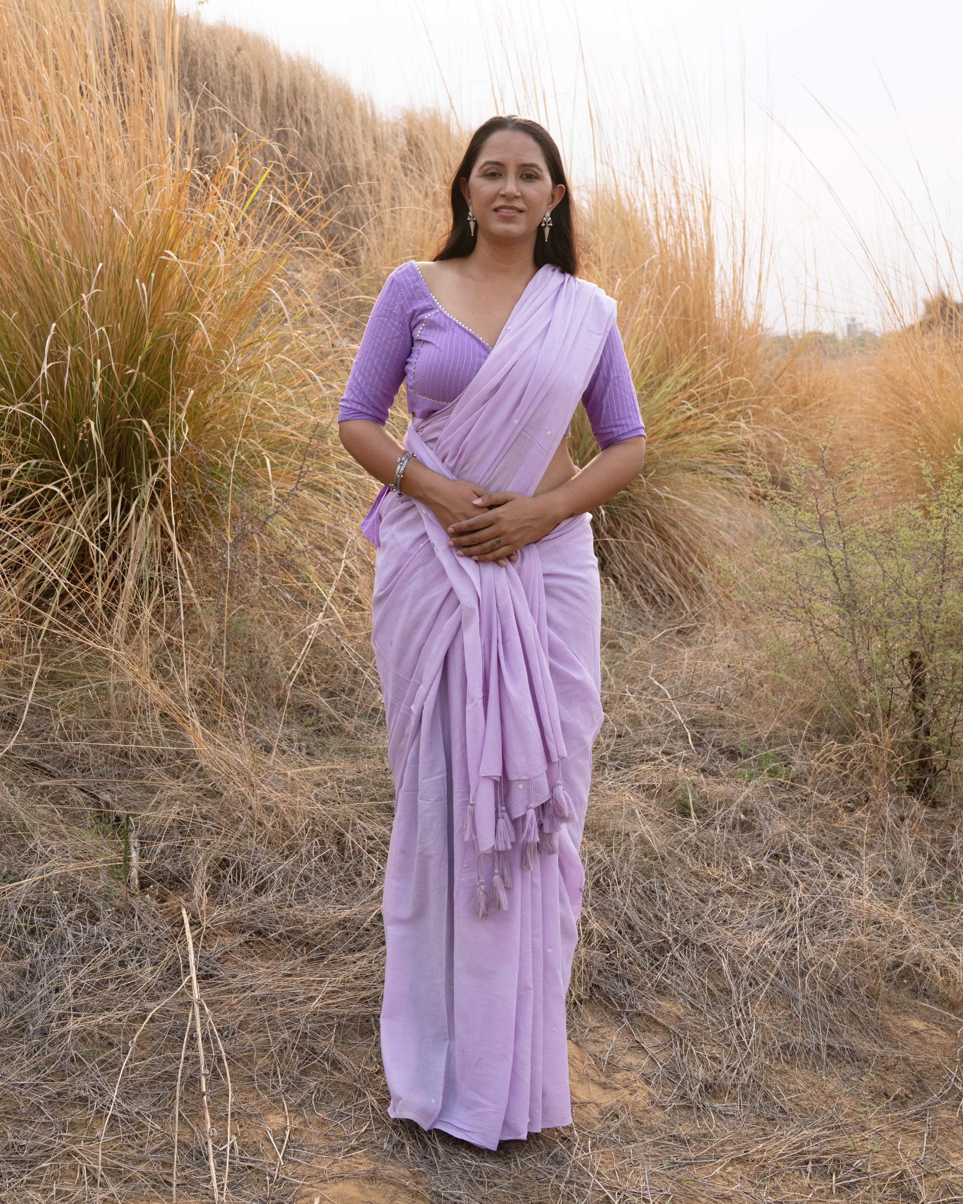 Lilac Sequence Handwork Mul Saree with Tassels