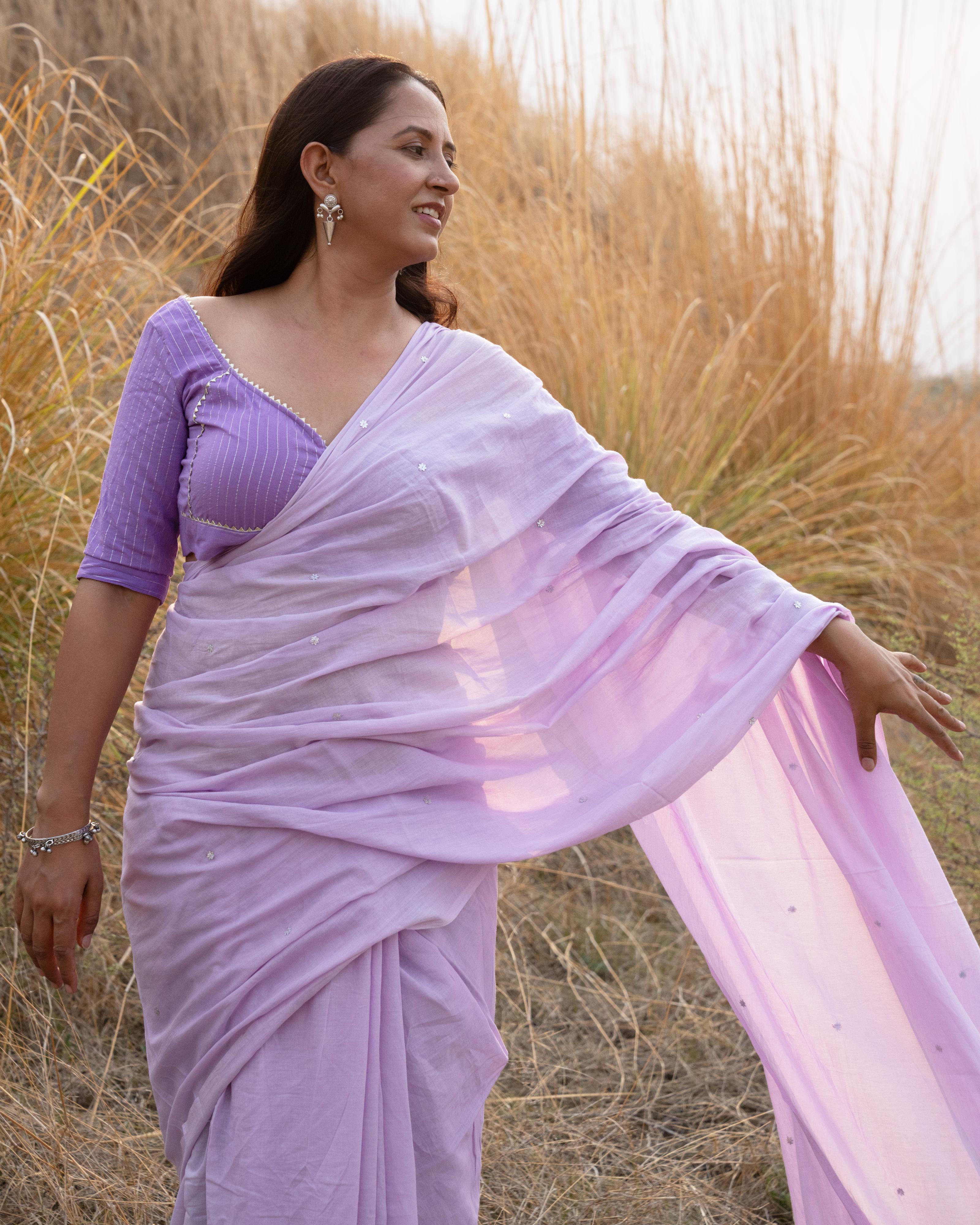 Lilac Sequence Handwork Mul Saree with Tassels