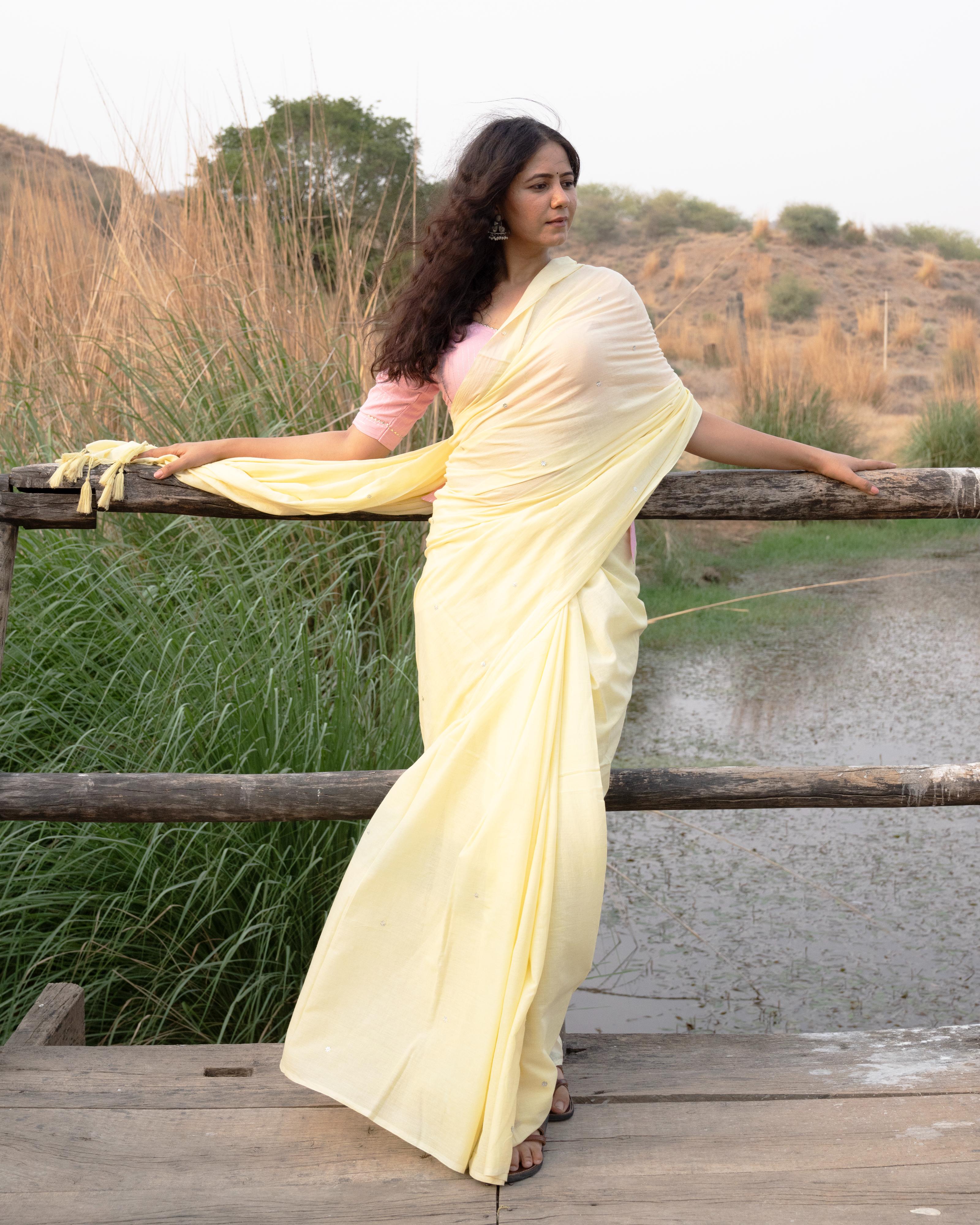 Yellow Sequence Handwork Mul Saree with Tassels