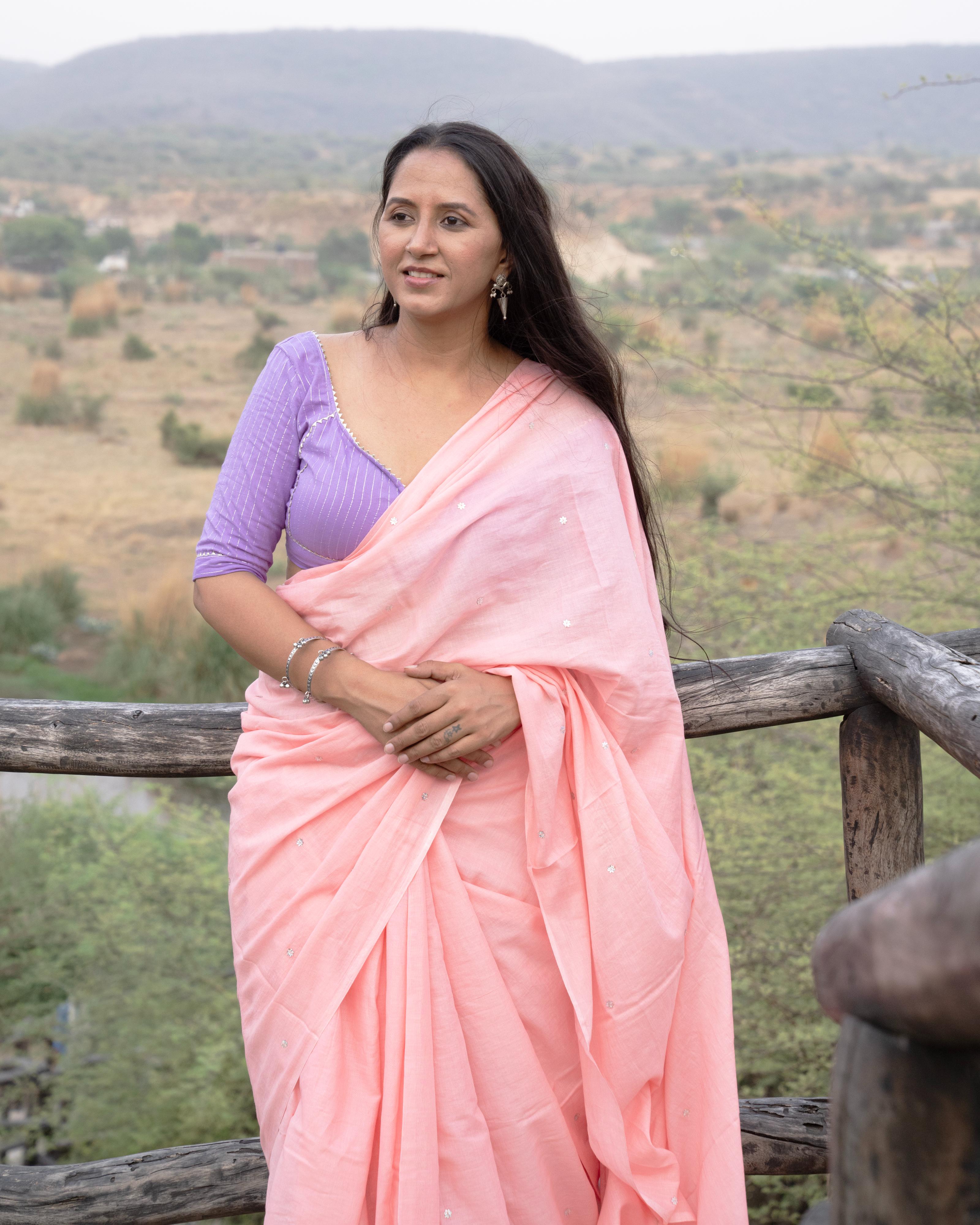 Peach Sequence Handwork Mul Saree with Tassels