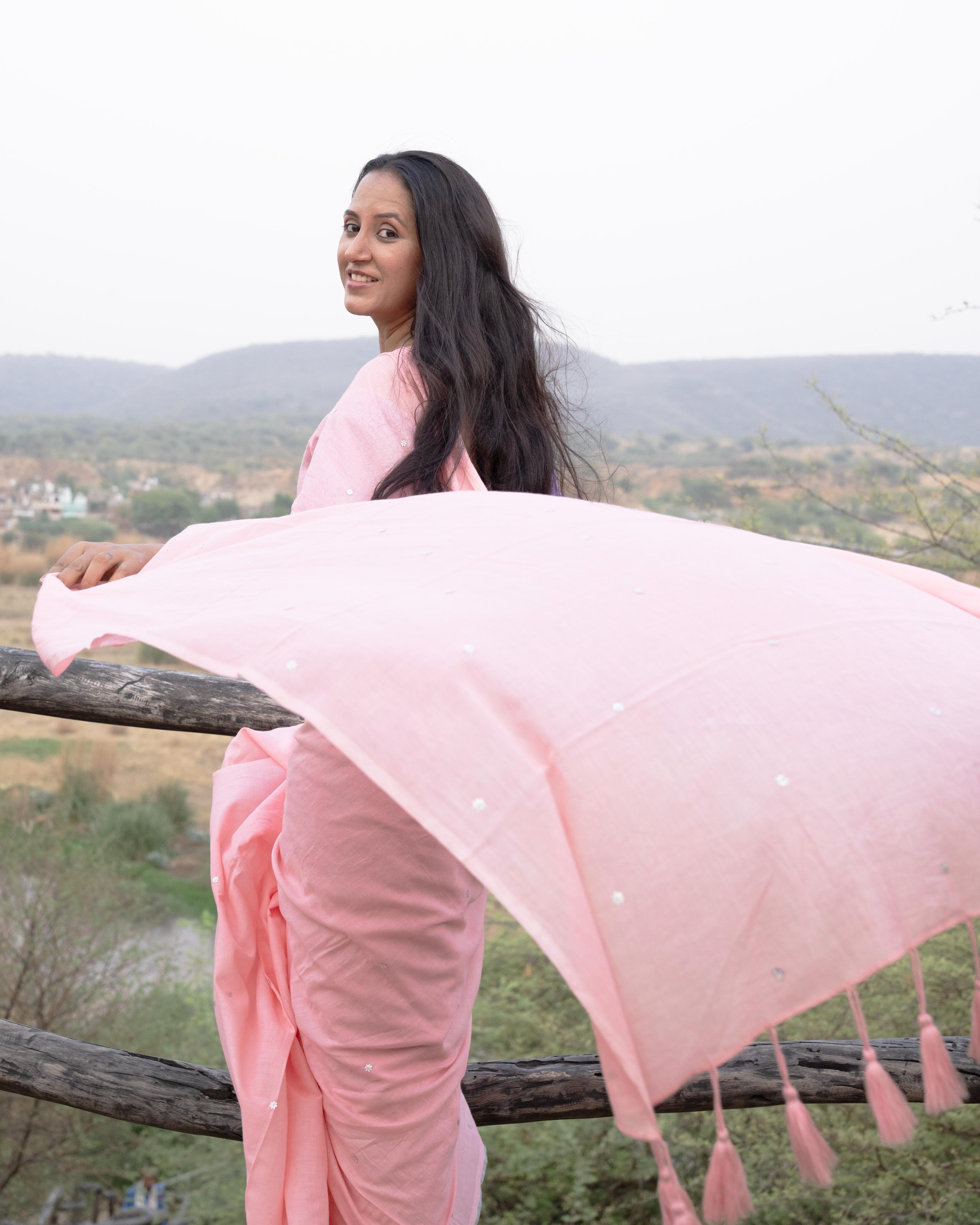 Peach Sequence Handwork Mul Saree with Tassels