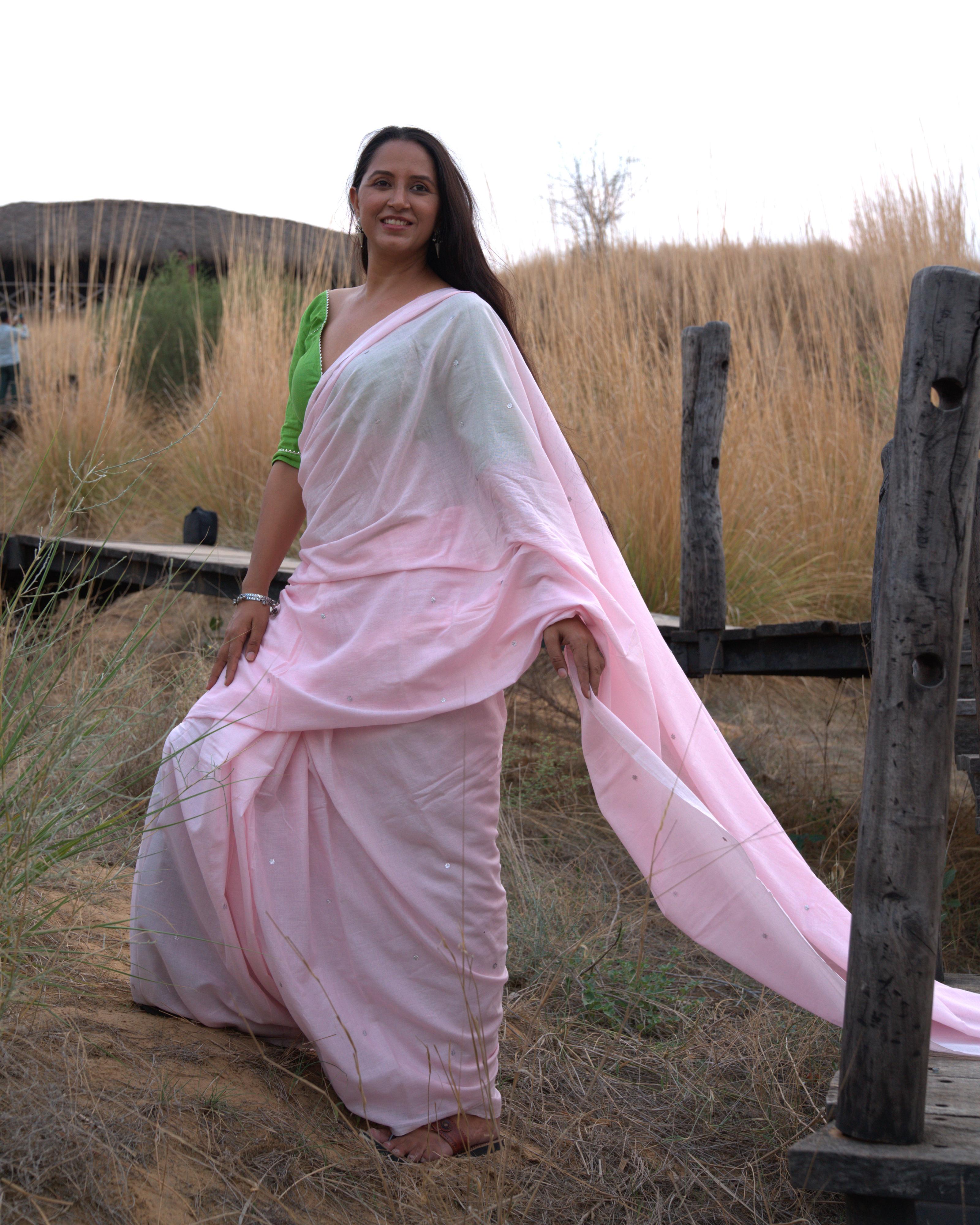 Baby Pink Sequin Handwork Mul Saree with Tassels