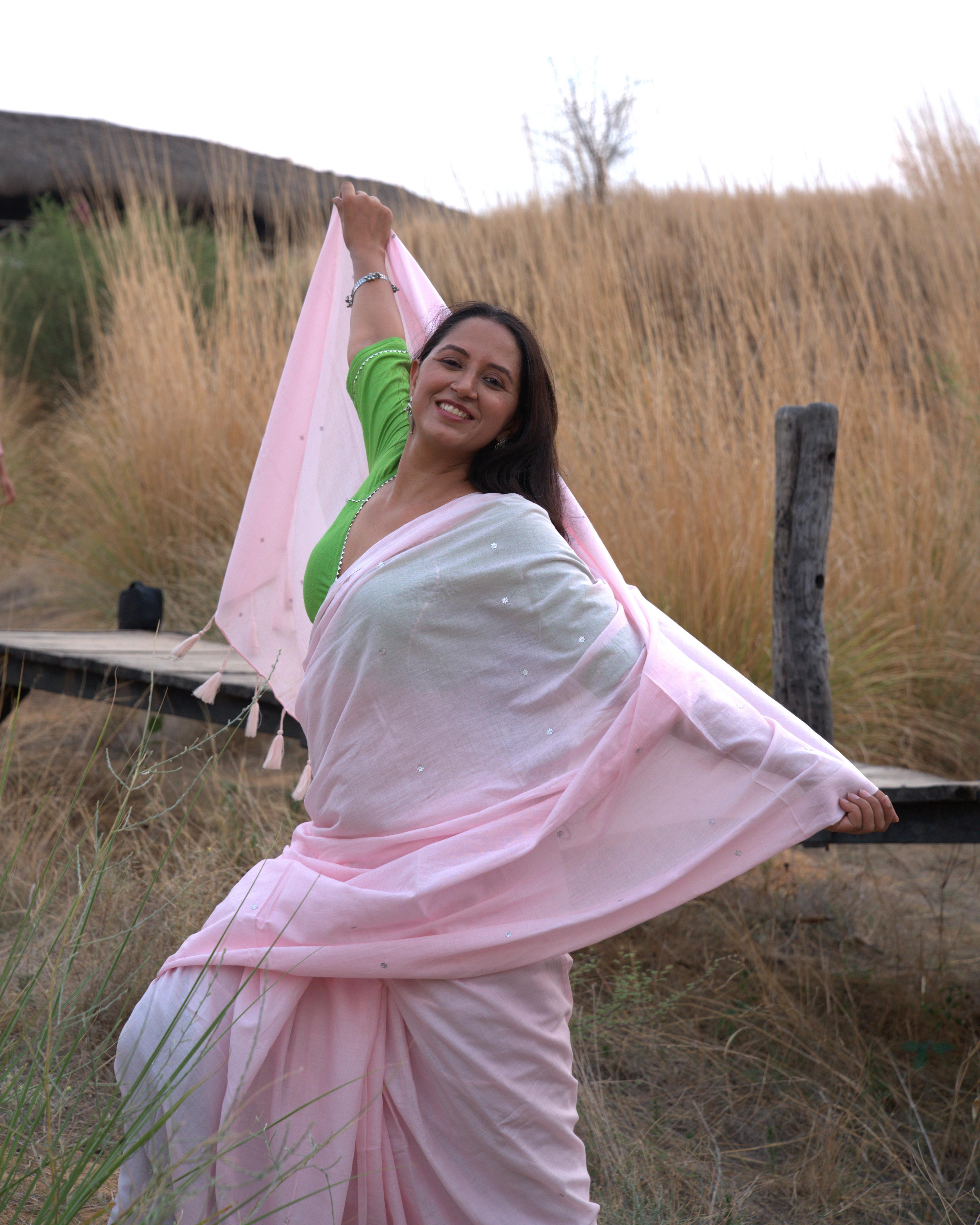 Baby Pink Sequin Handwork Mul Saree with Tassels