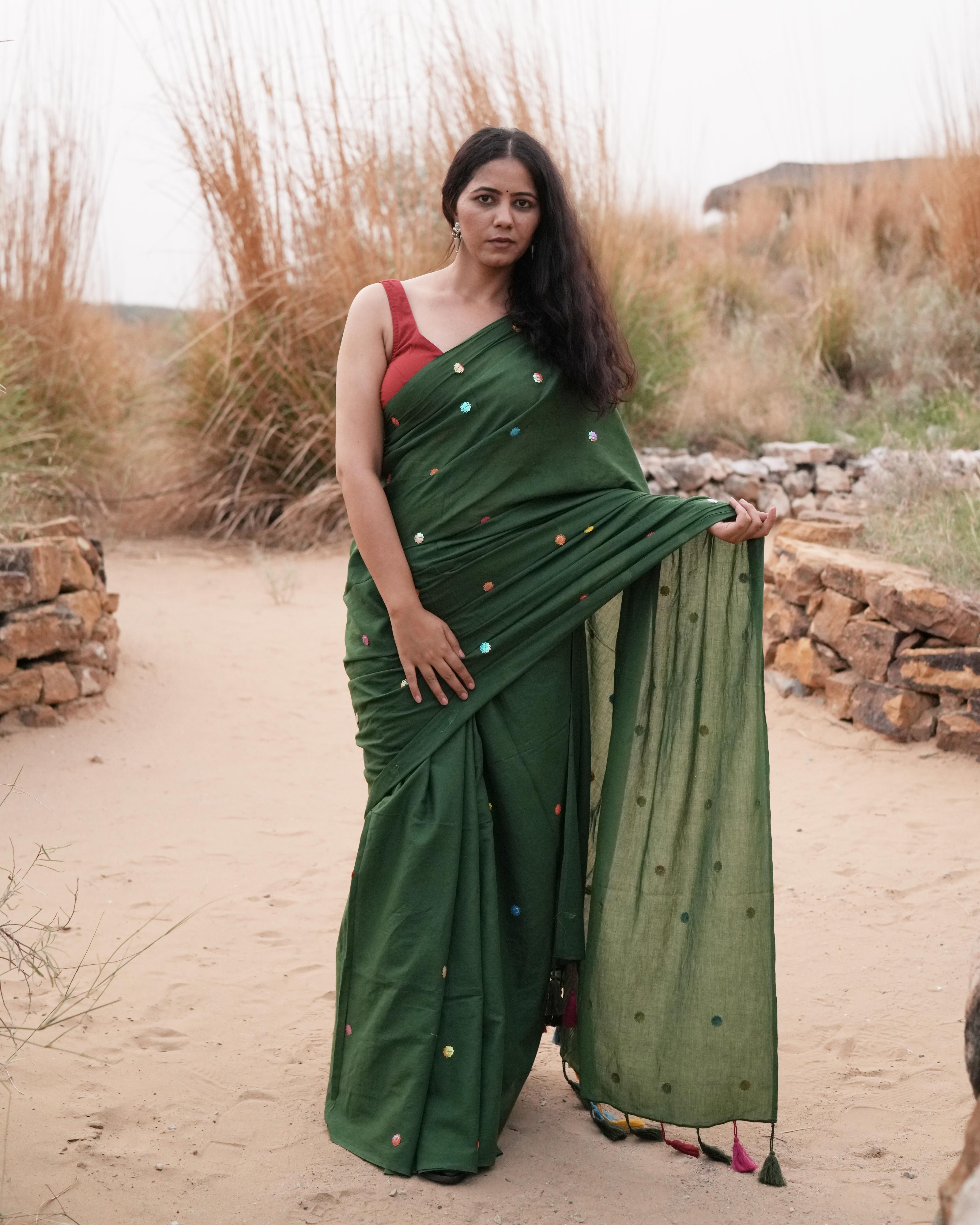 Dark Green Sitara Handwork Mul Saree with Tassels