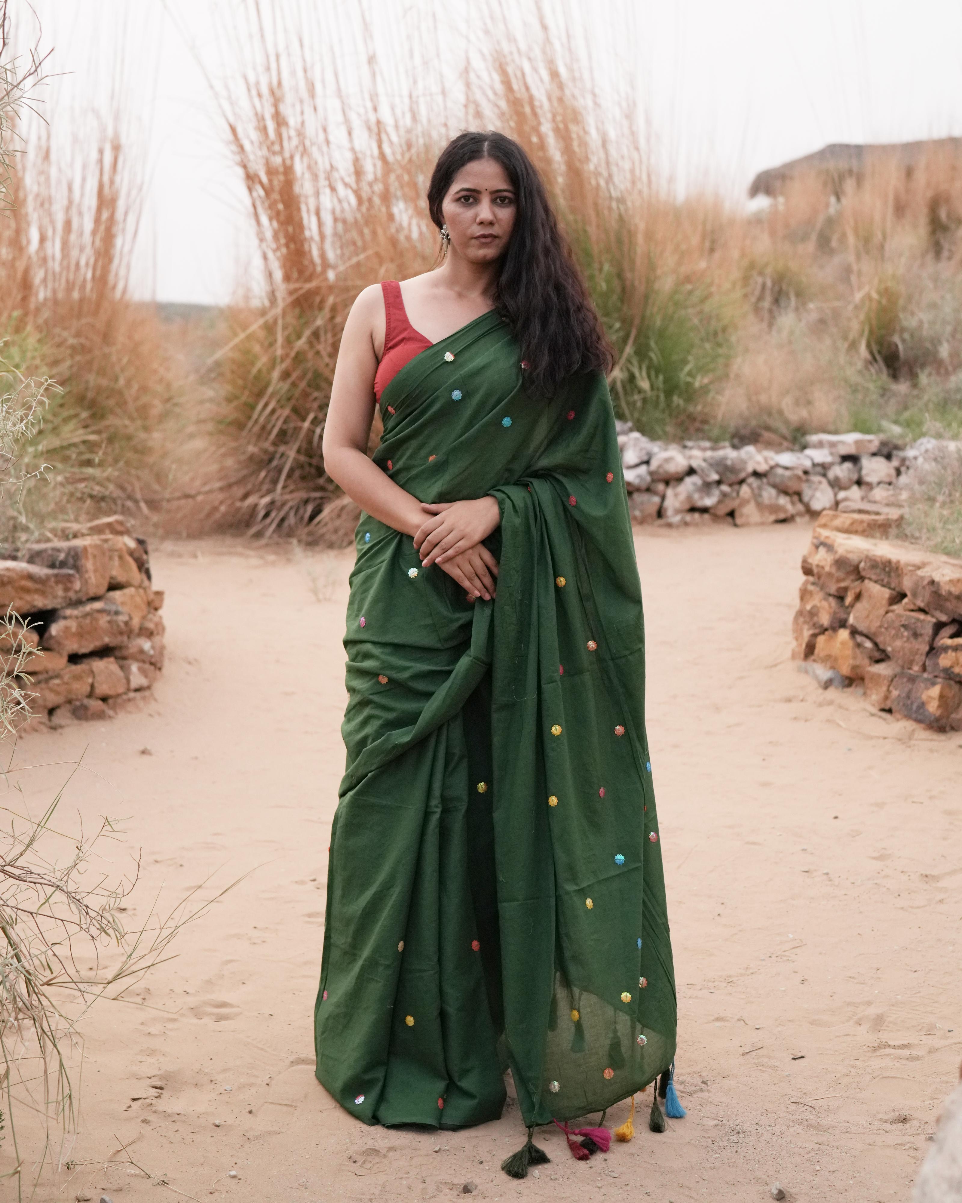 Dark Green Sitara Handwork Mul Saree with Tassels