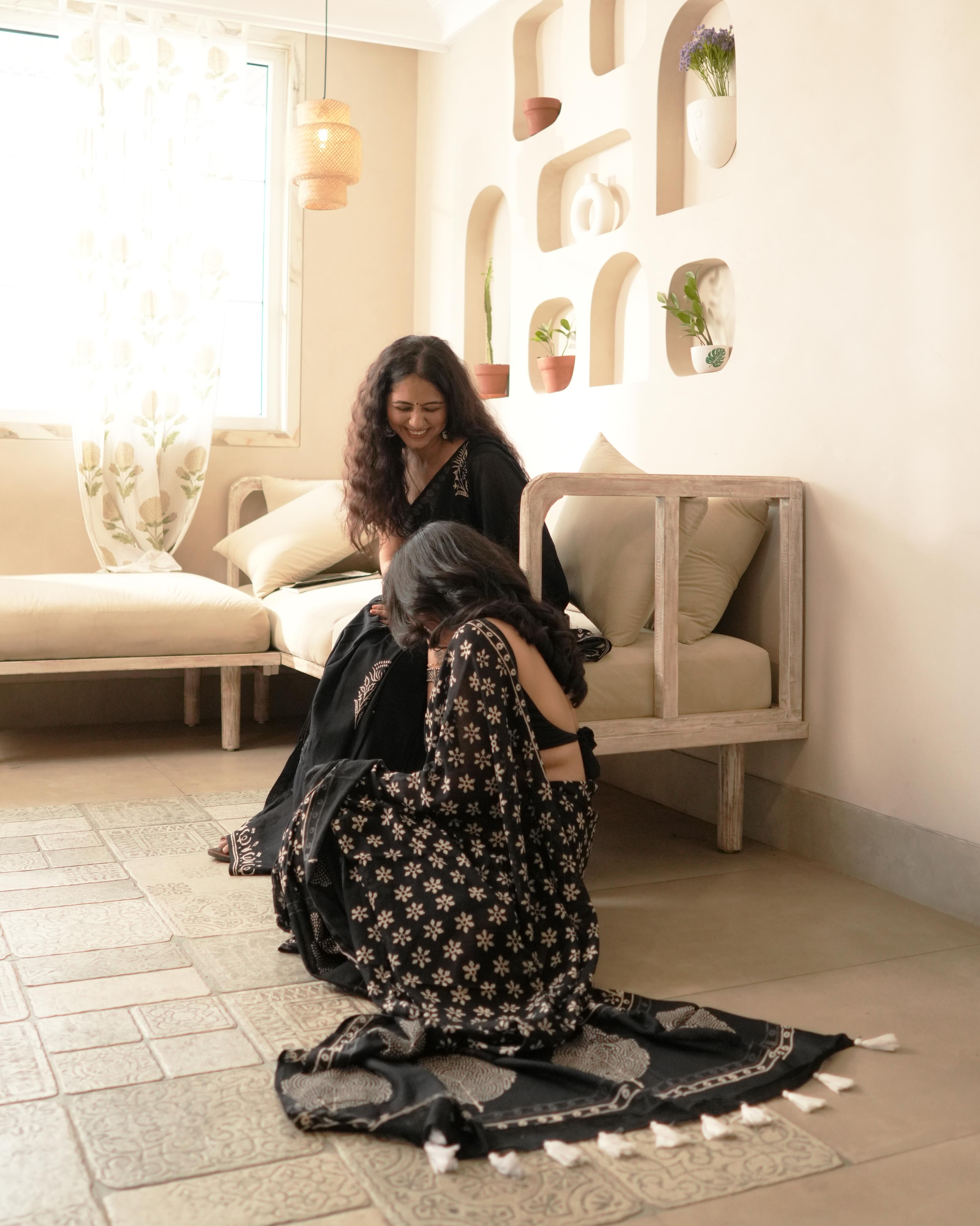 Butti Handblock Print Moonga Cotton Saree with Tassels