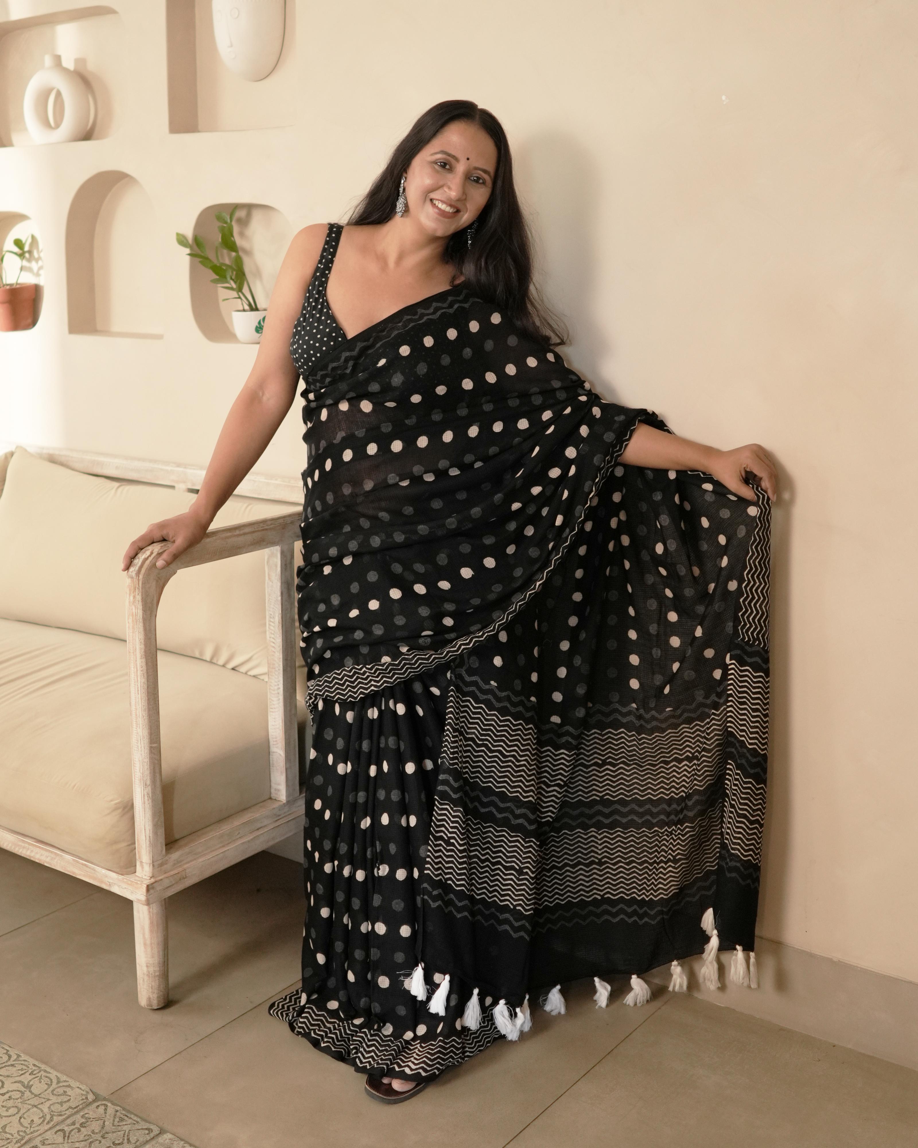 Polka Moonga Cotton Handblock Print Saree with Tassels
