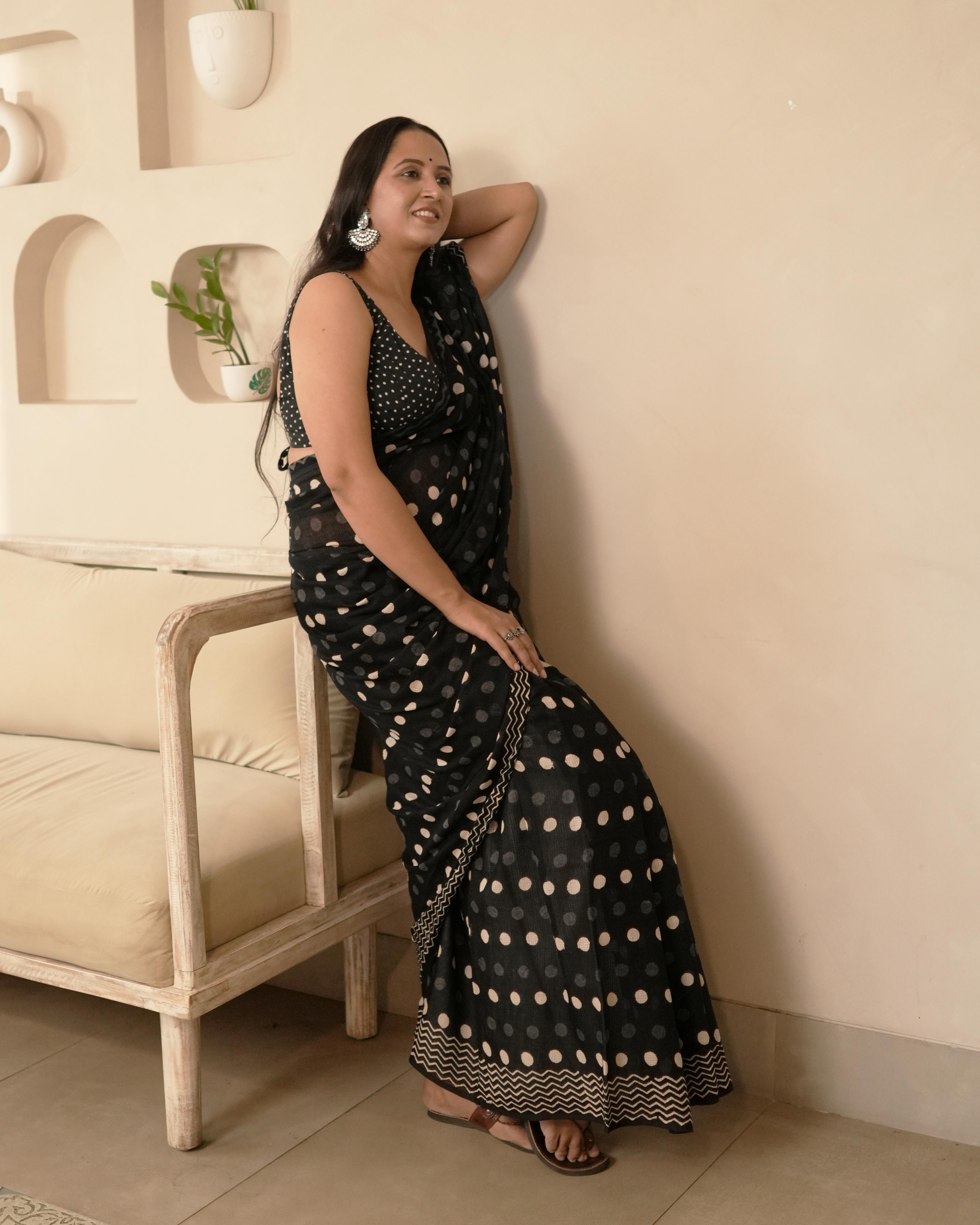 Polka Moonga Cotton Handblock Print Saree with Tassels