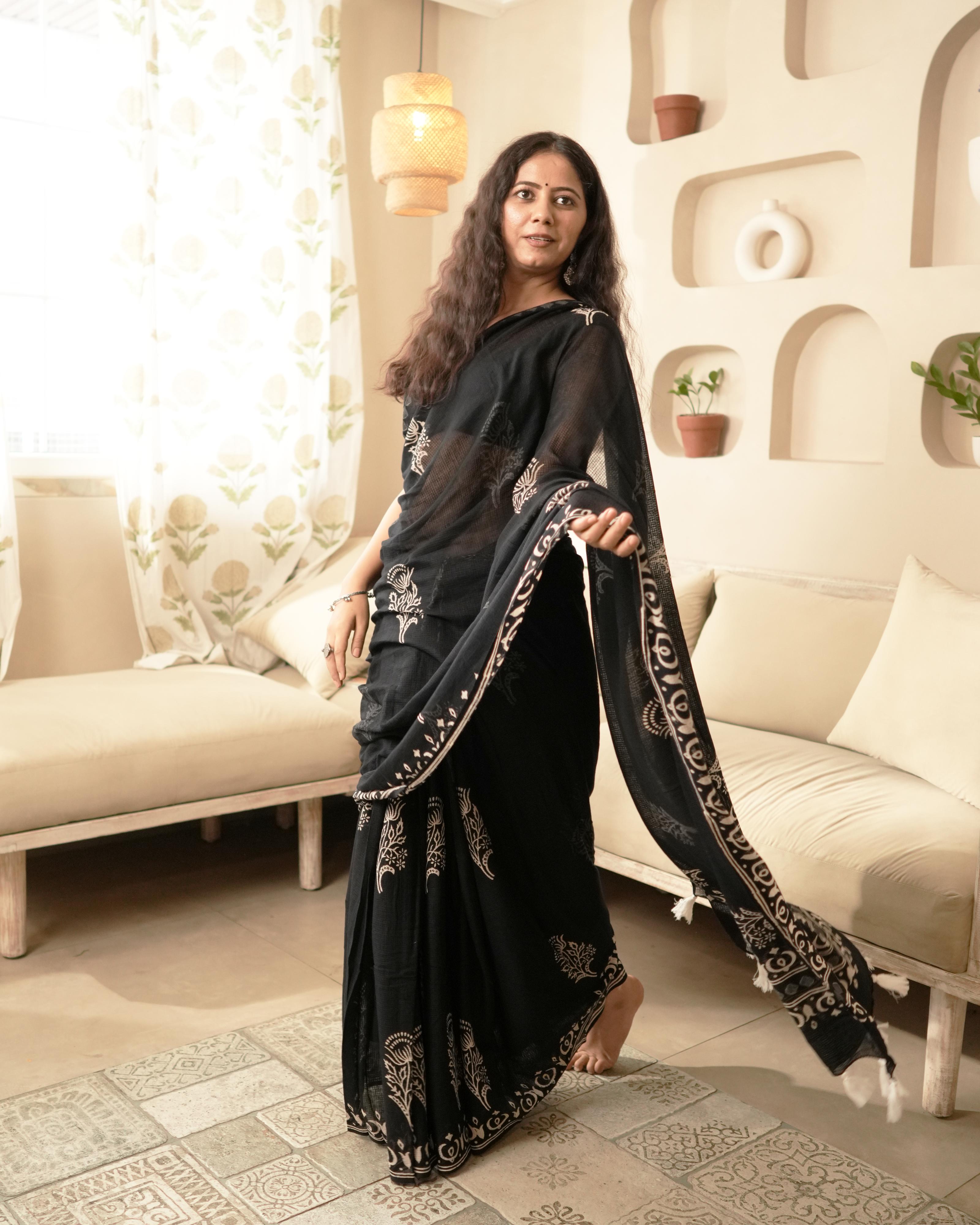 Lotus Butta Handblock Print Moonga Cotton Saree with Tassels