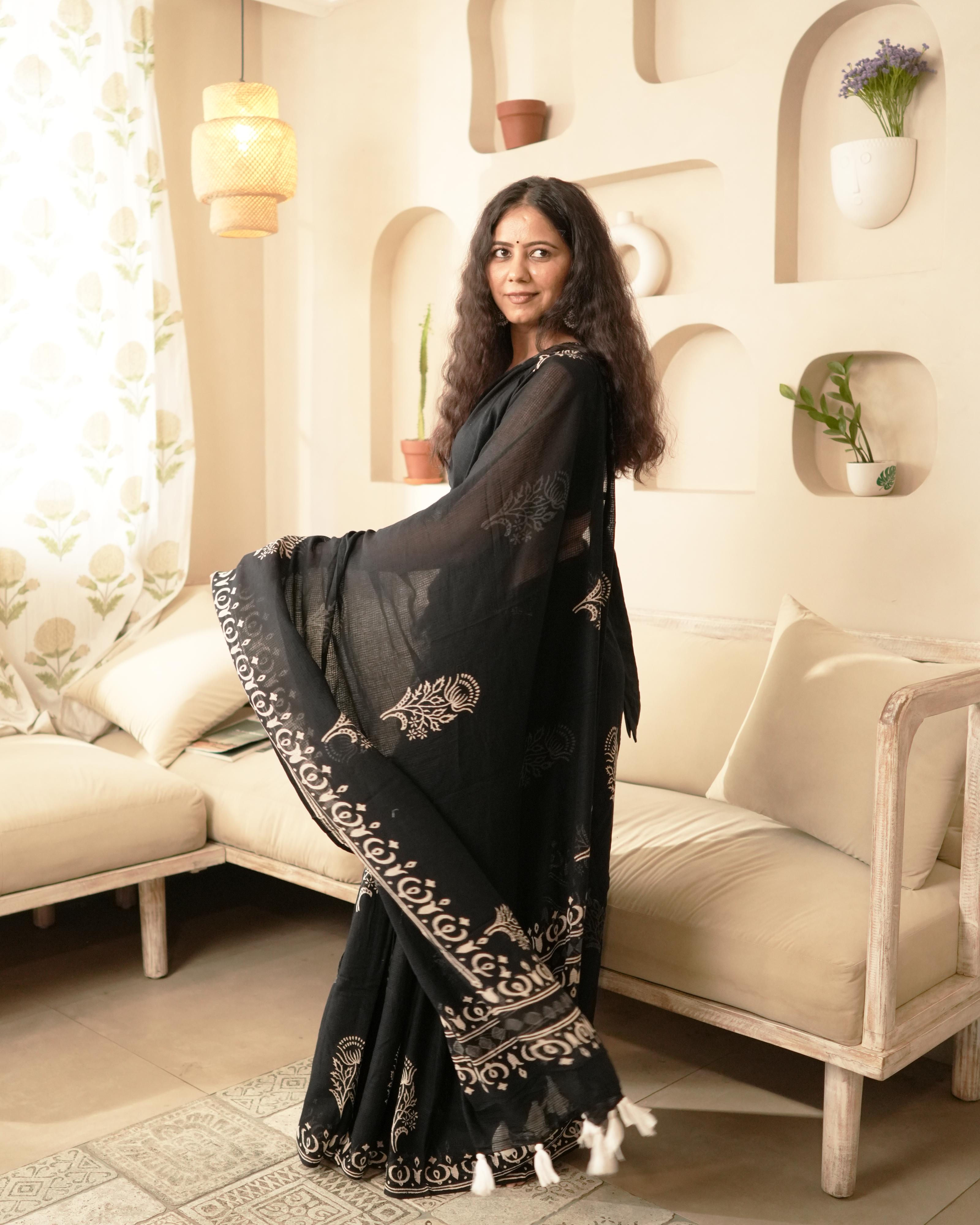 Lotus Butta Handblock Print Moonga Cotton Saree with Tassels