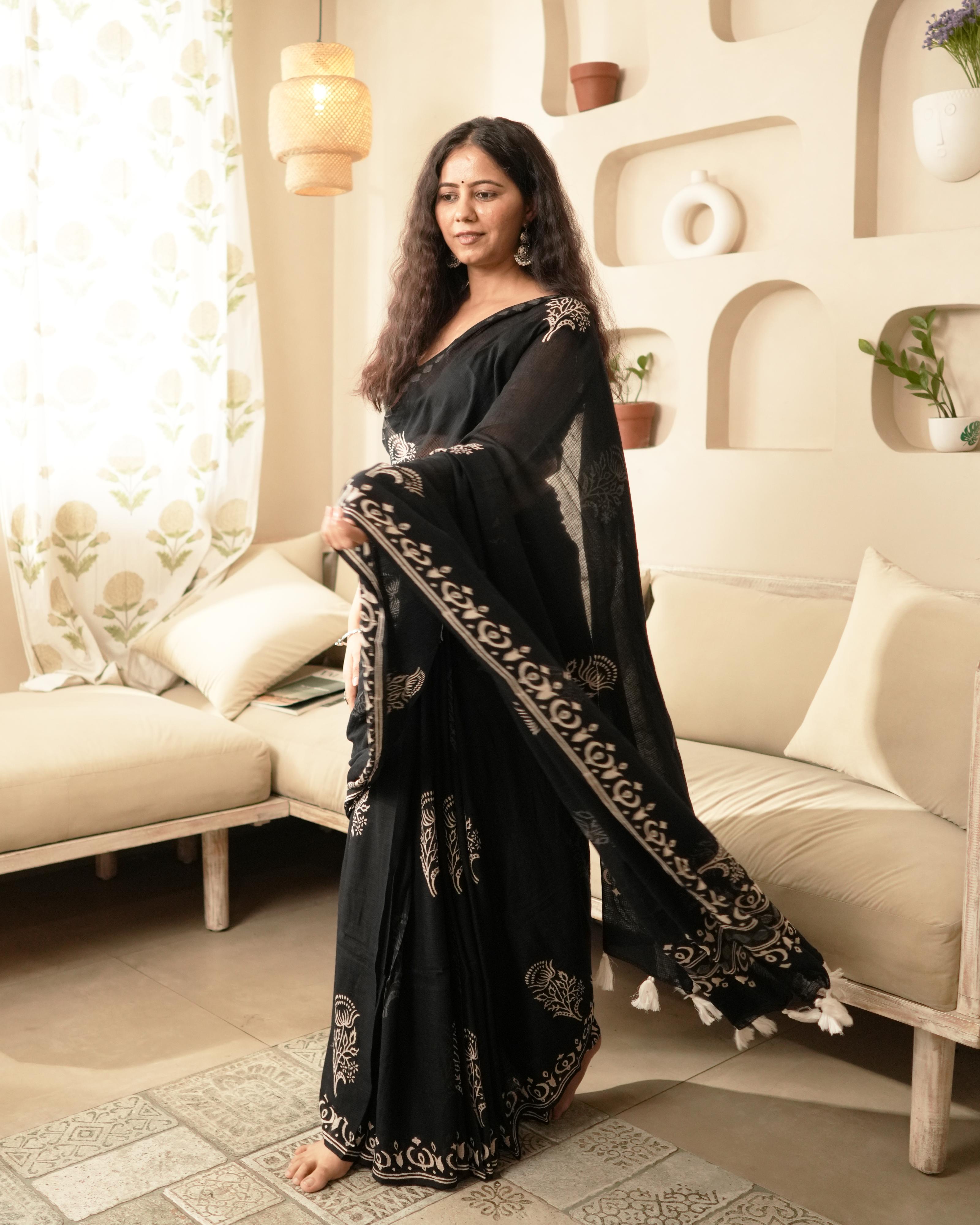Lotus Butta Handblock Print Moonga Cotton Saree with Tassels