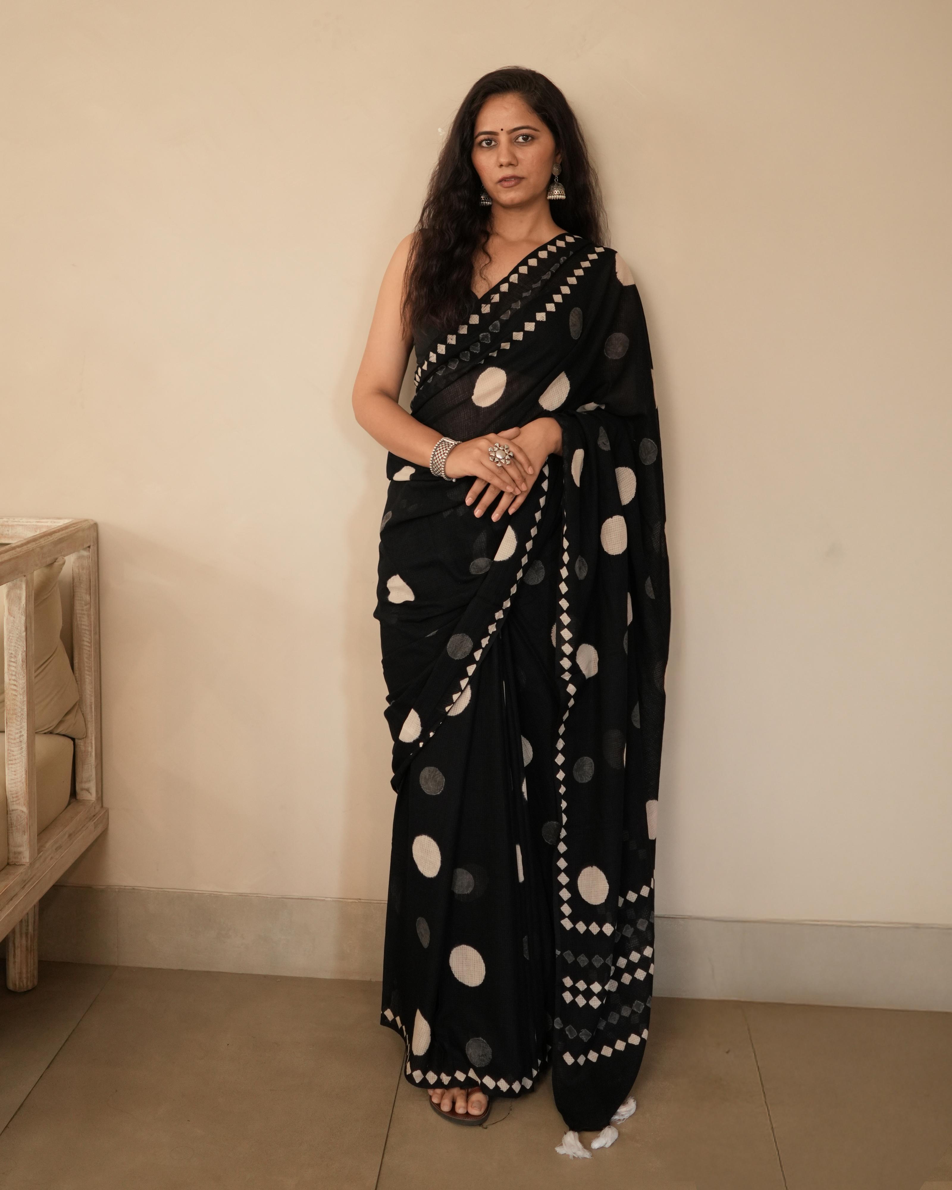 Large Polka Dot Print Moonga Cotton Saree with Tassels