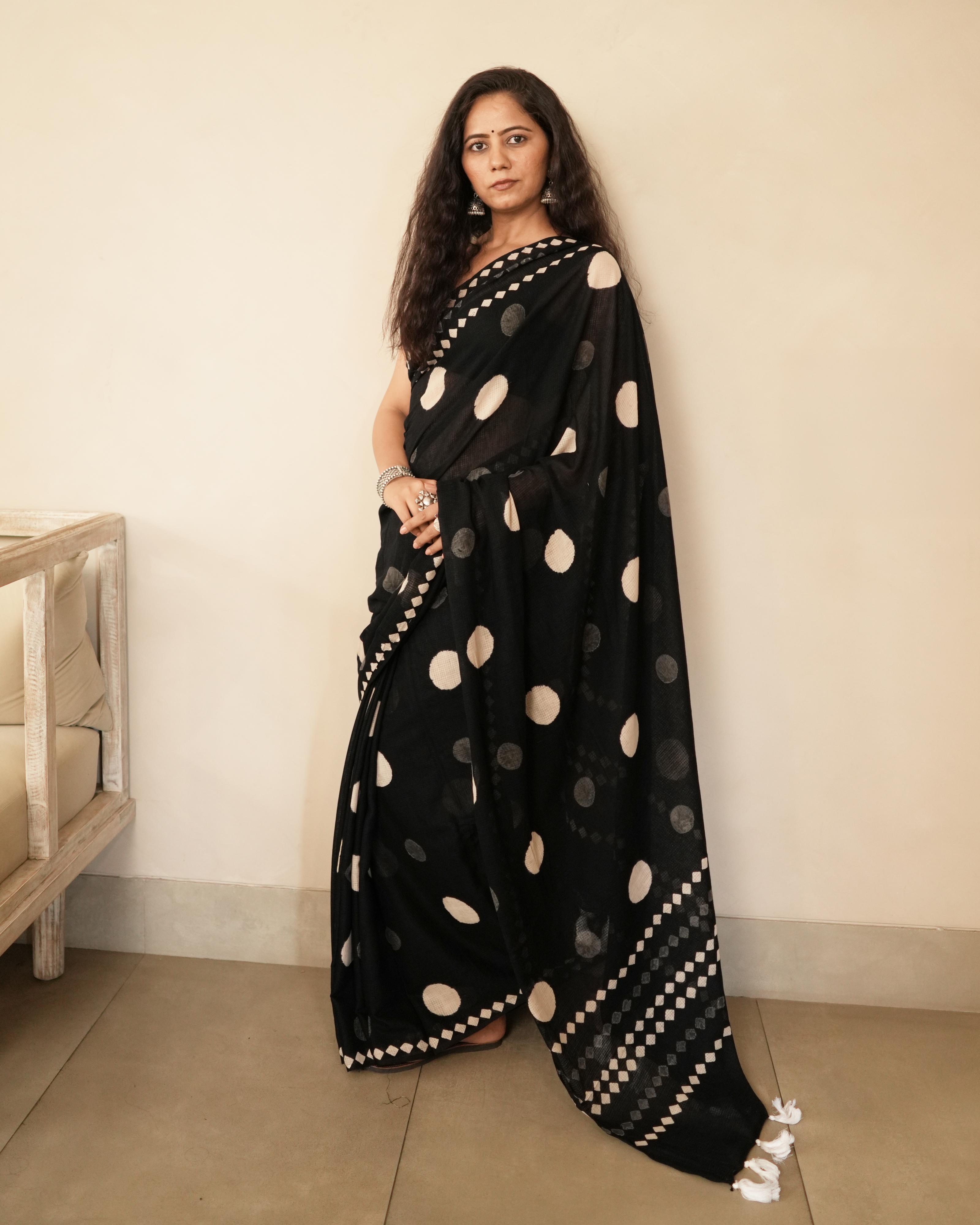 Large Polka Dot Print Moonga Cotton Saree with Tassels