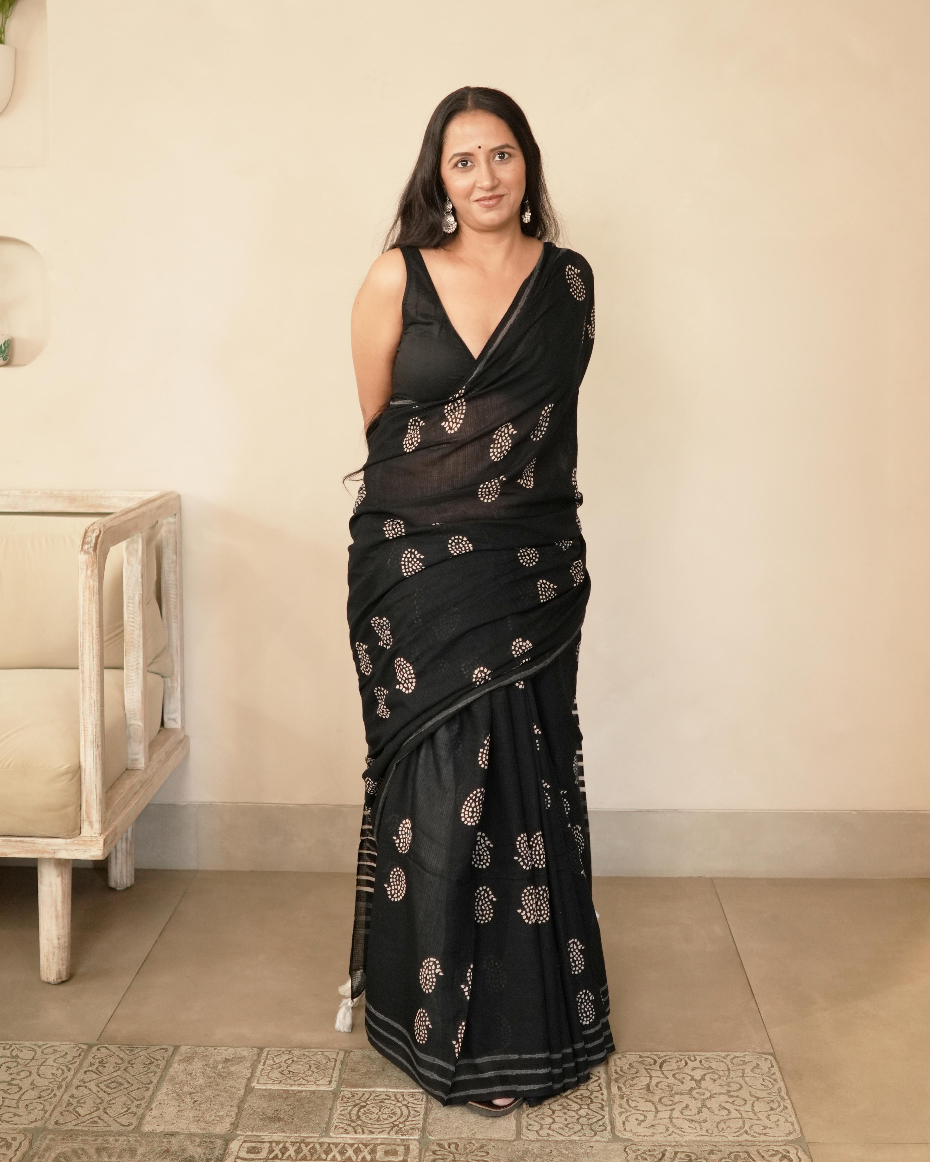 Paisley Handblock Print Moonga Cotton Saree with Tassels