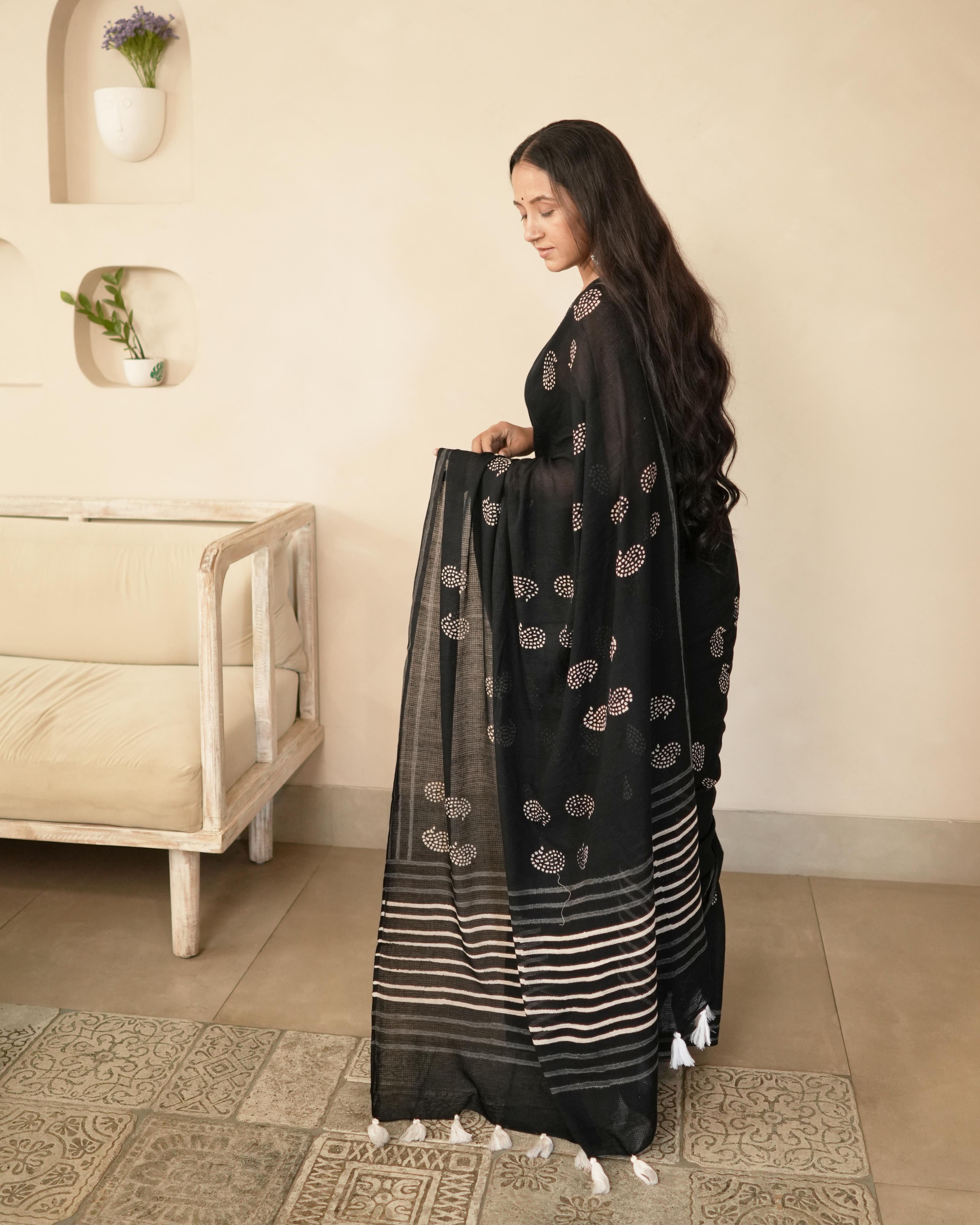 Paisley Handblock Print Moonga Cotton Saree with Tassels