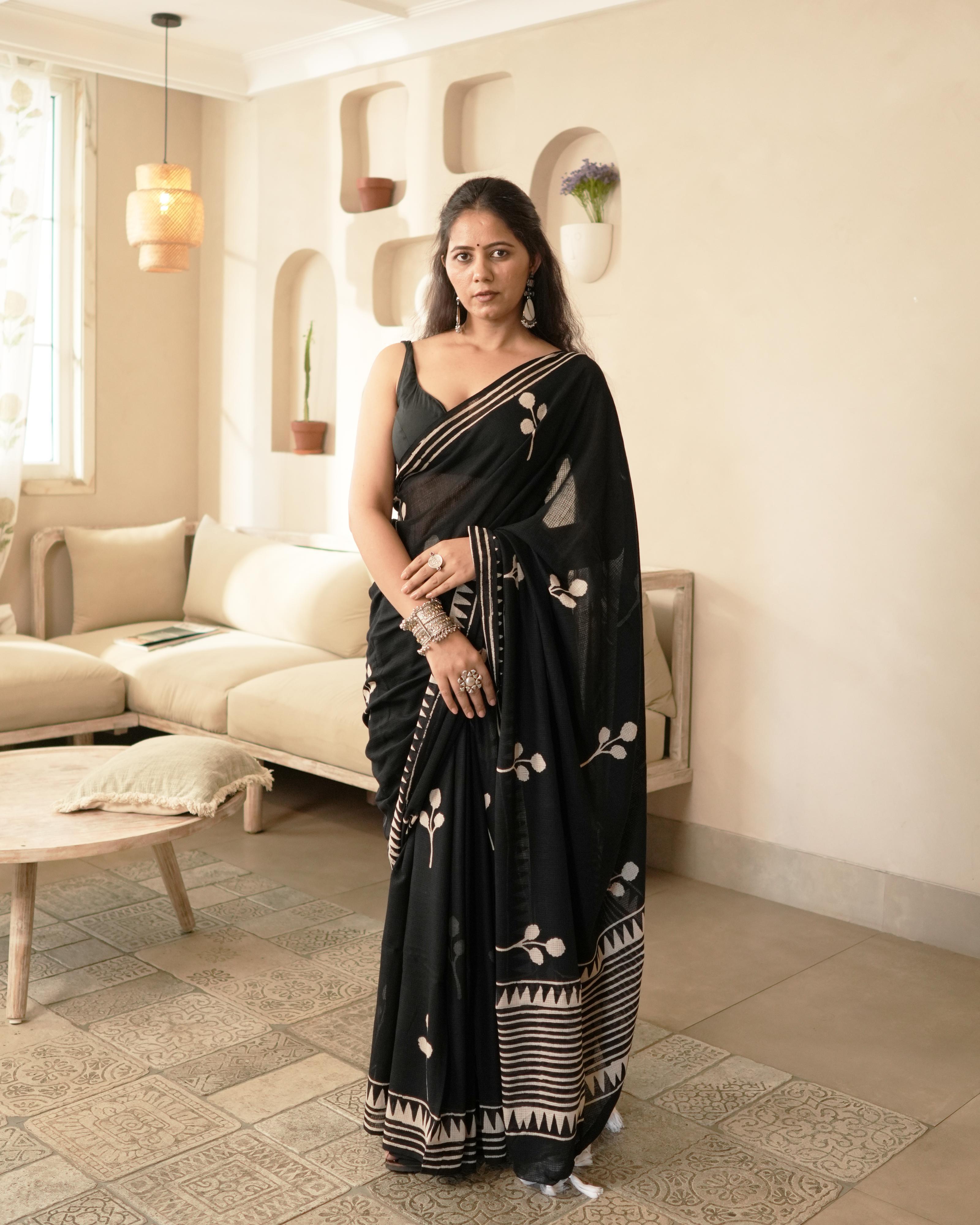 Leaf Block Print Moonga Cotton Saree with Tassels