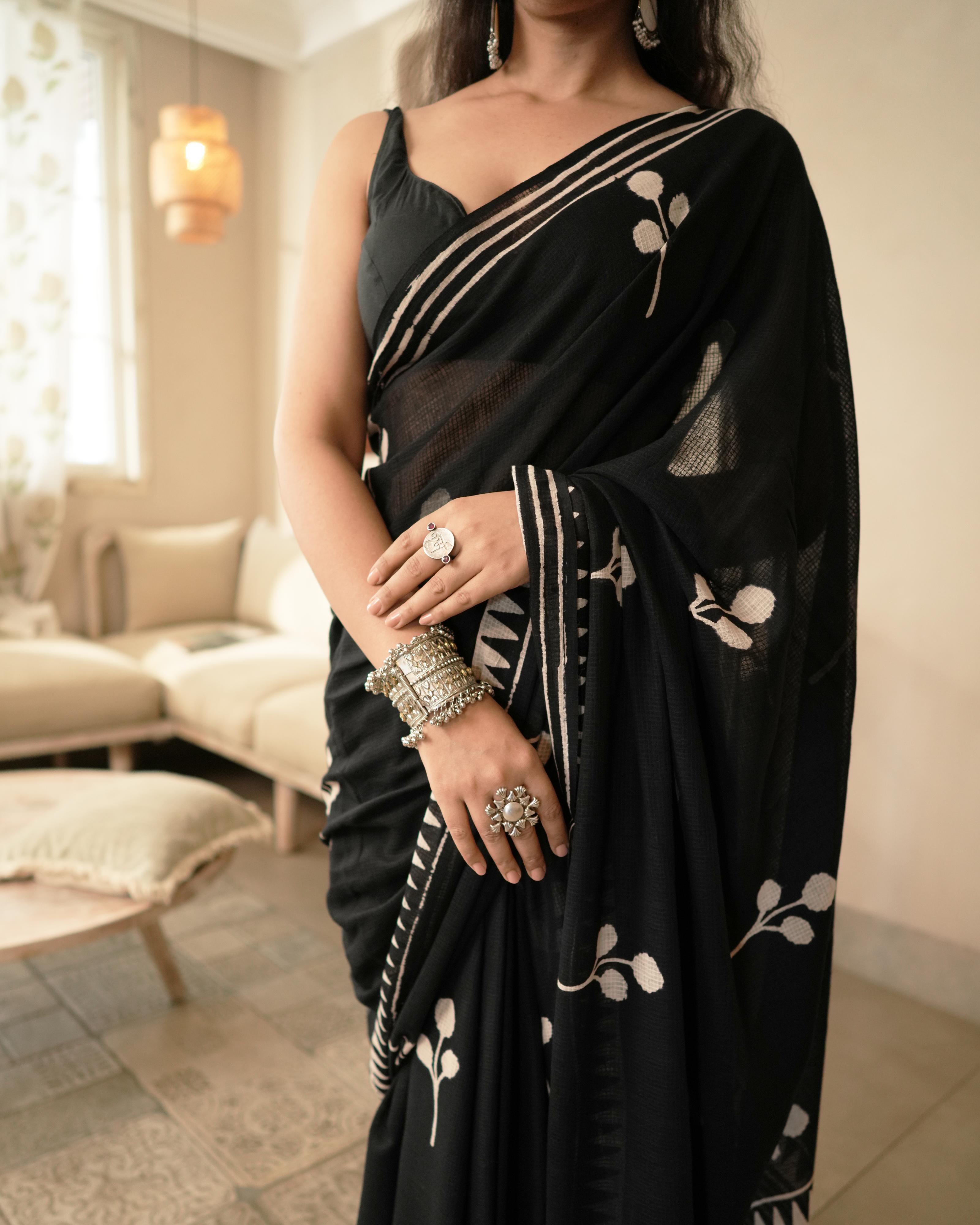 Leaf Block Print Moonga Cotton Saree with Tassels
