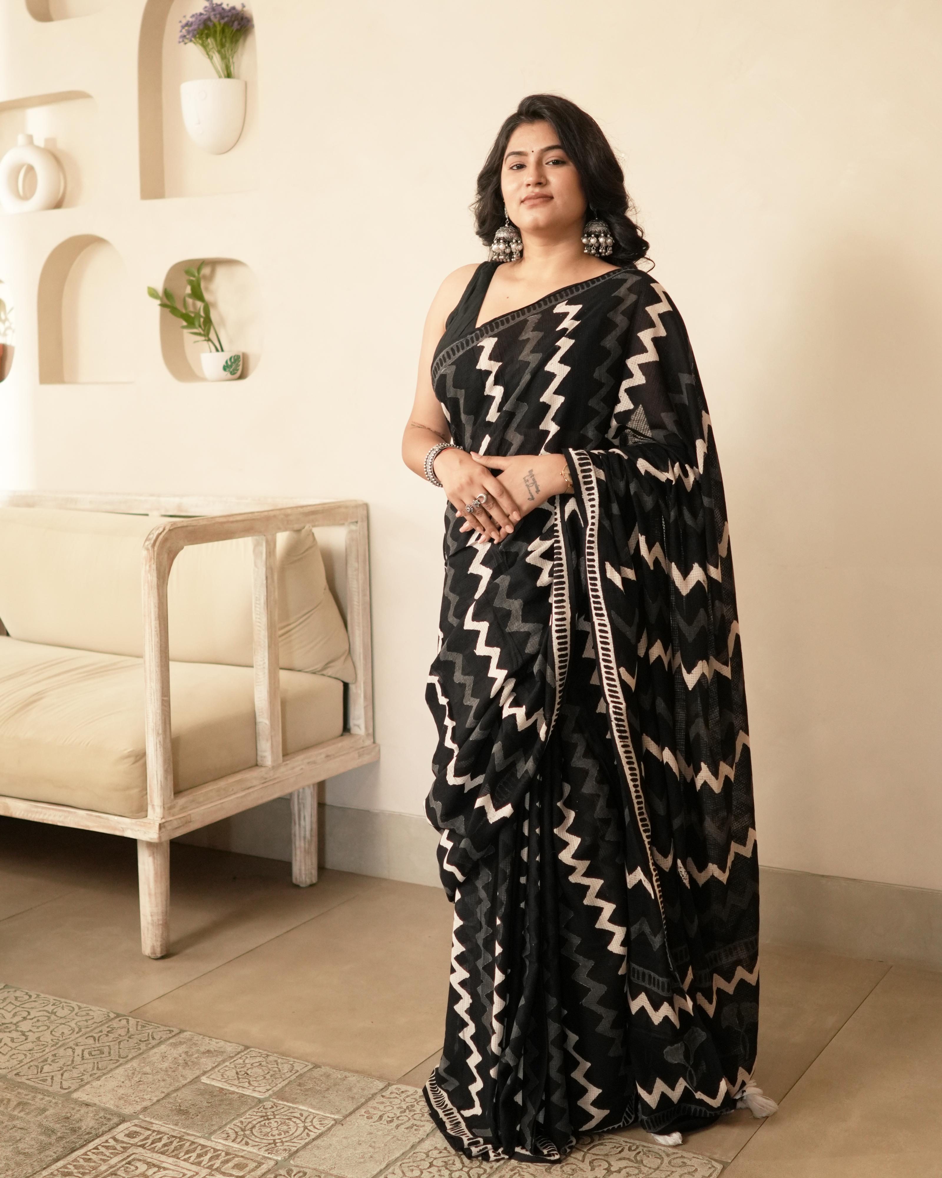 Wave Handblock Print Moonga Cotton Saree with Tassels