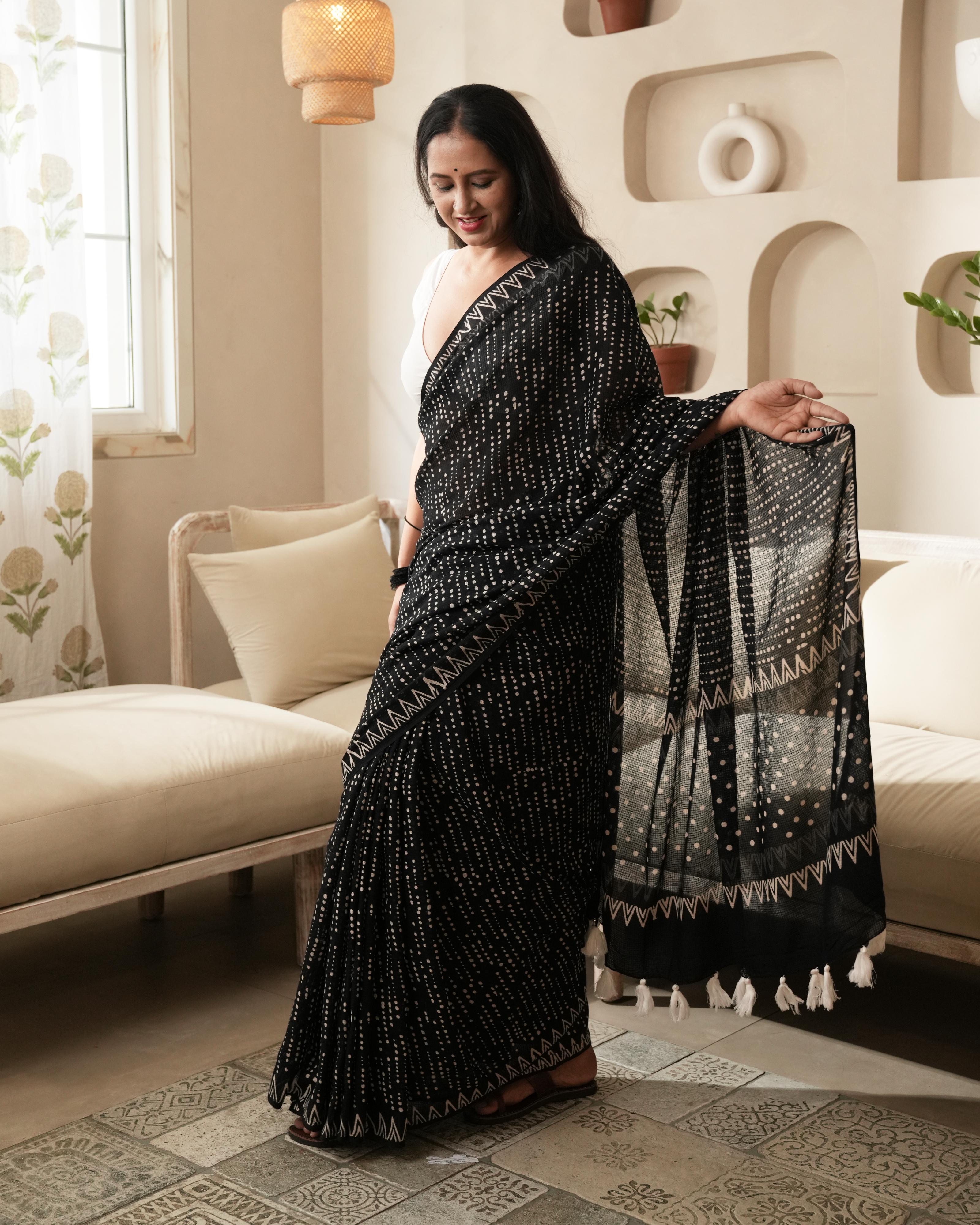 Dot Handblock Print Moonga Cotton Saree with Tassels